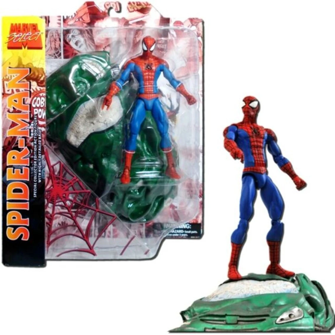 Spiderman-Figur im Paket und eine einzelne Figur auf einem zerquetschten grünen Auto.