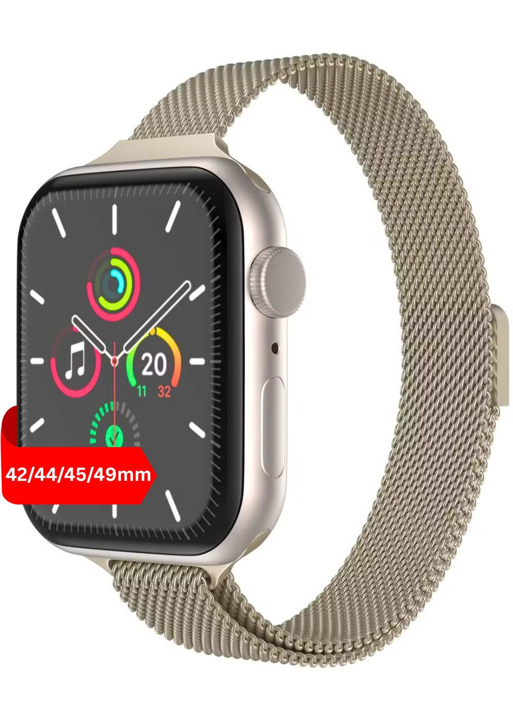 Silberne Smartwatch mit Milanaise-Armband und Aktivitätsanzeige.