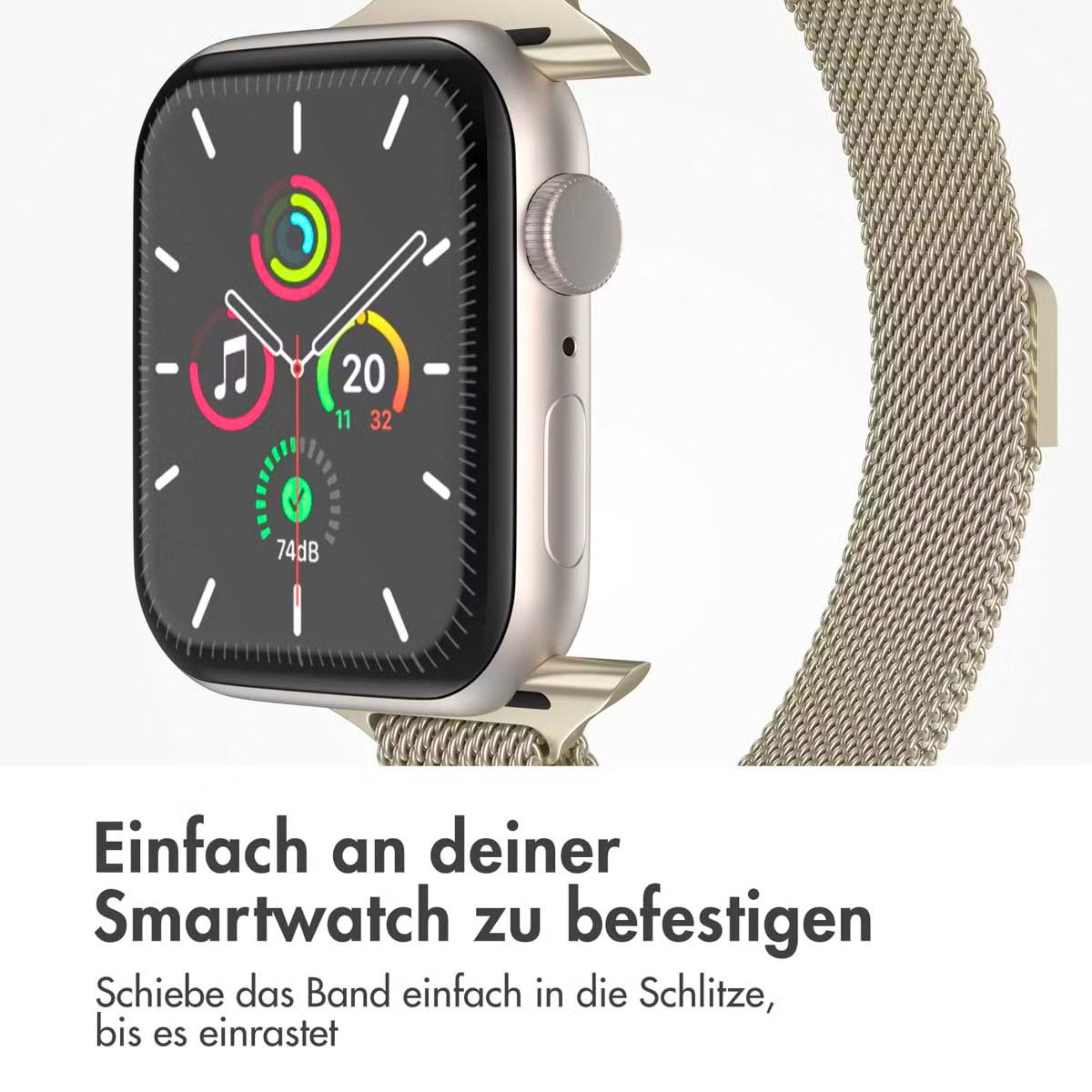 Eine silberne Smartwatch mit einem Mesh-Armband. Das Display zeigt Aktivitätsringe.