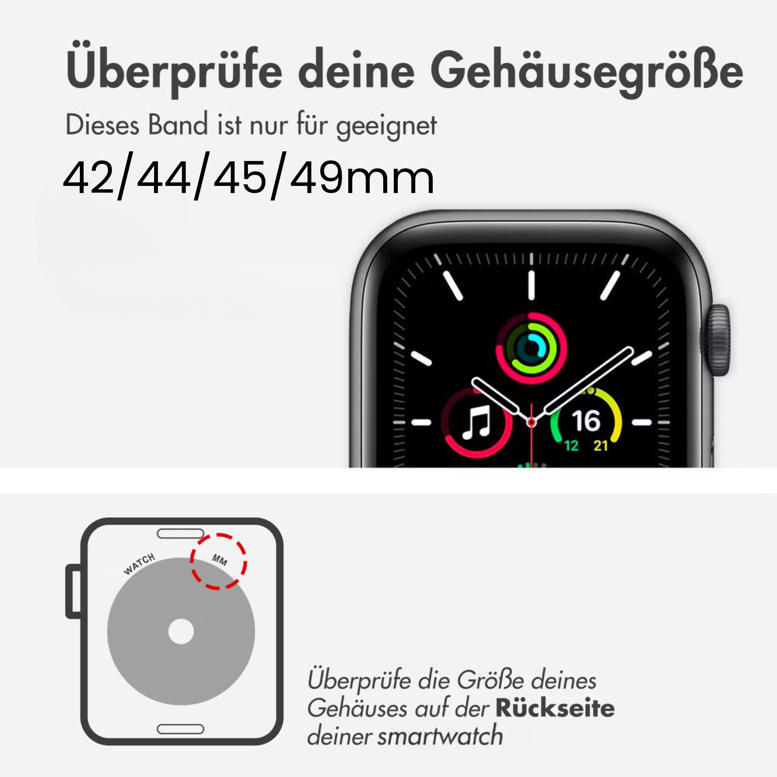 Bild zeigt eine Smartwatch und Anweisungen zur Größenprüfung.