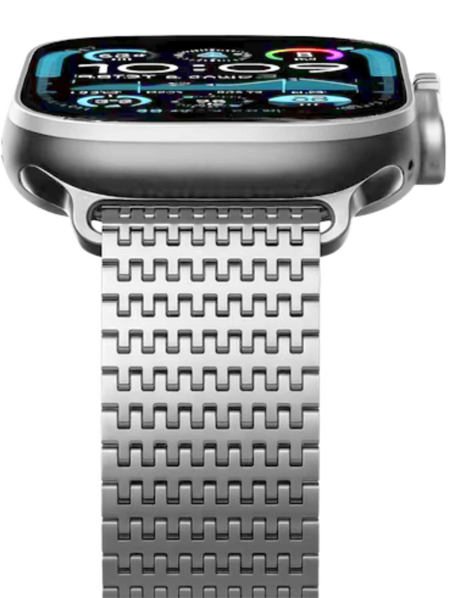 Nahaufnahme einer silbernen Smartwatch mit einem digitalen Display und einem Gliederarmband.