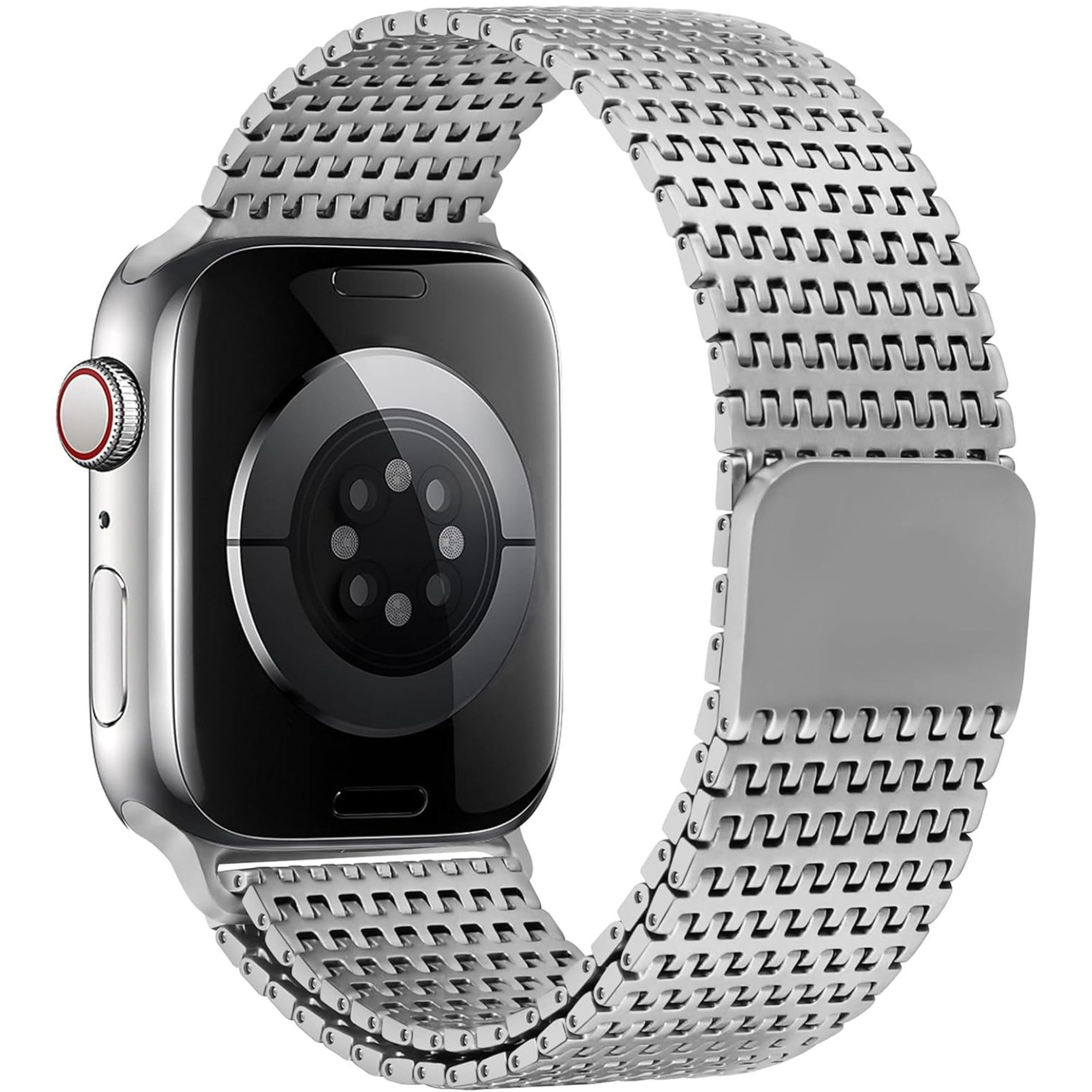 Silberne Smartwatch mit Metallarmband auf weißem Hintergrund.