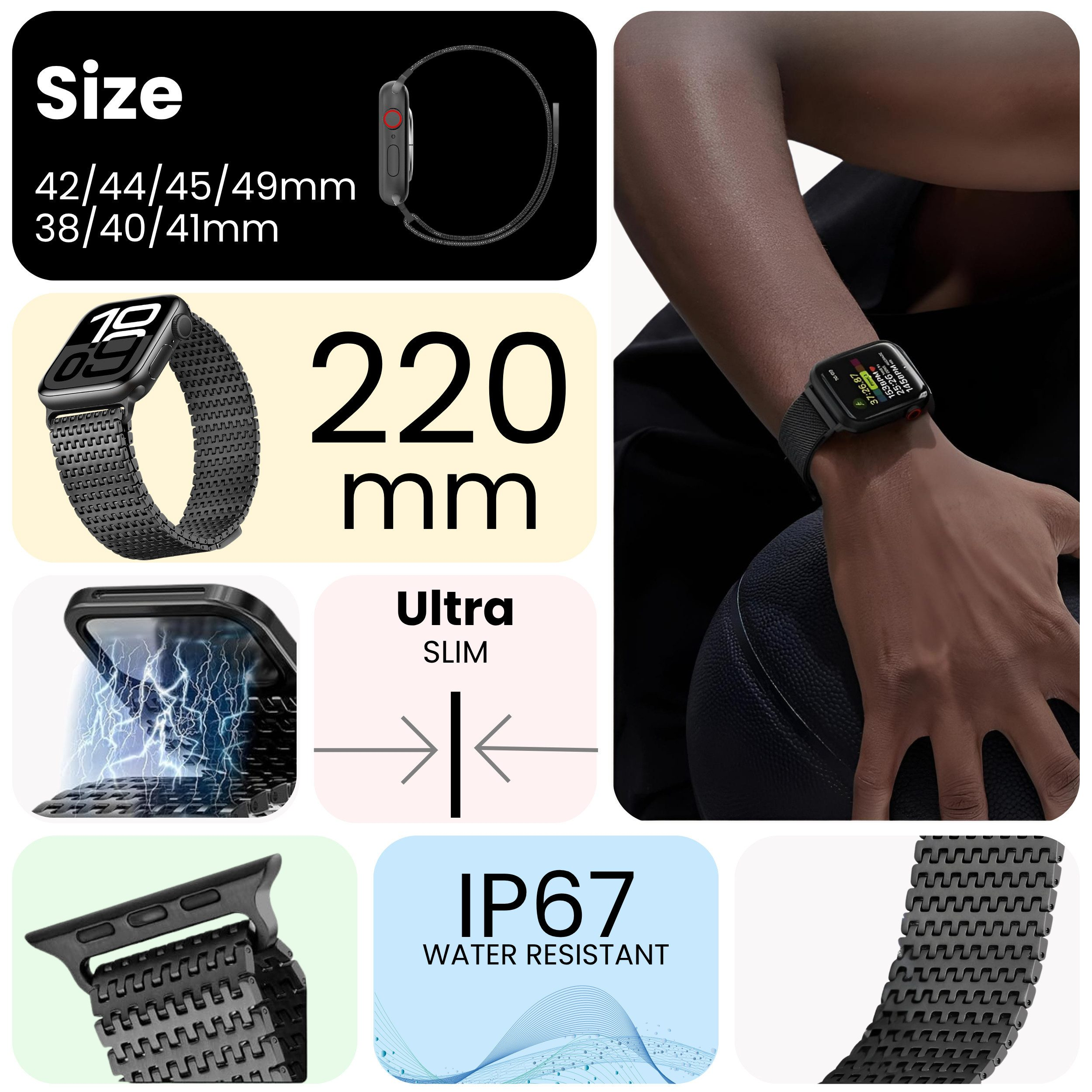 Produktbilder zeigen Größen, ein Armband, IP67 und ultra-schlank.