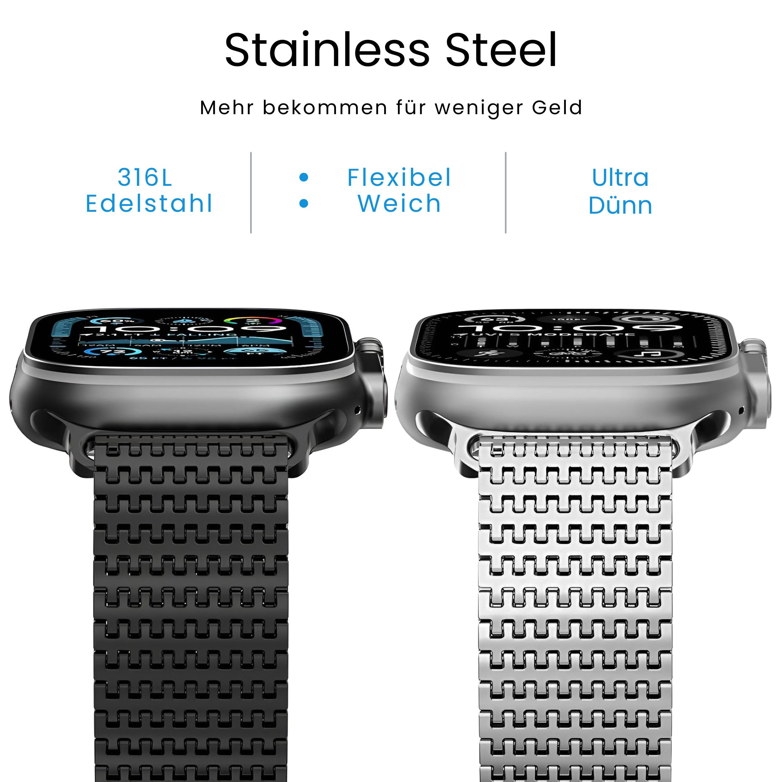 Zwei Smartwatches mit Edelstahlarmbändern, eine schwarz, eine silberfarben.