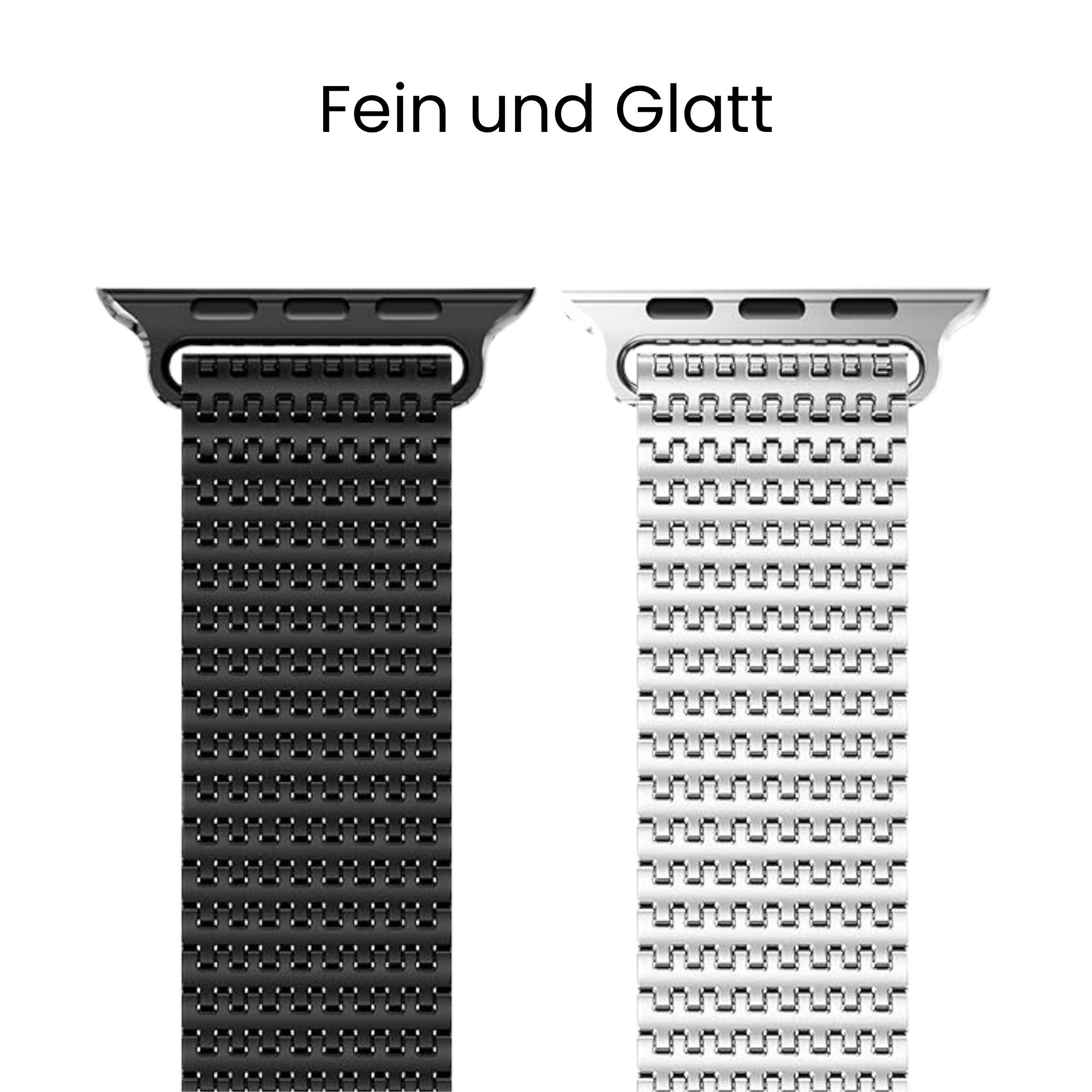 Zwei Armbänder für Smartwatches, eines schwarz und eines silberfarben.