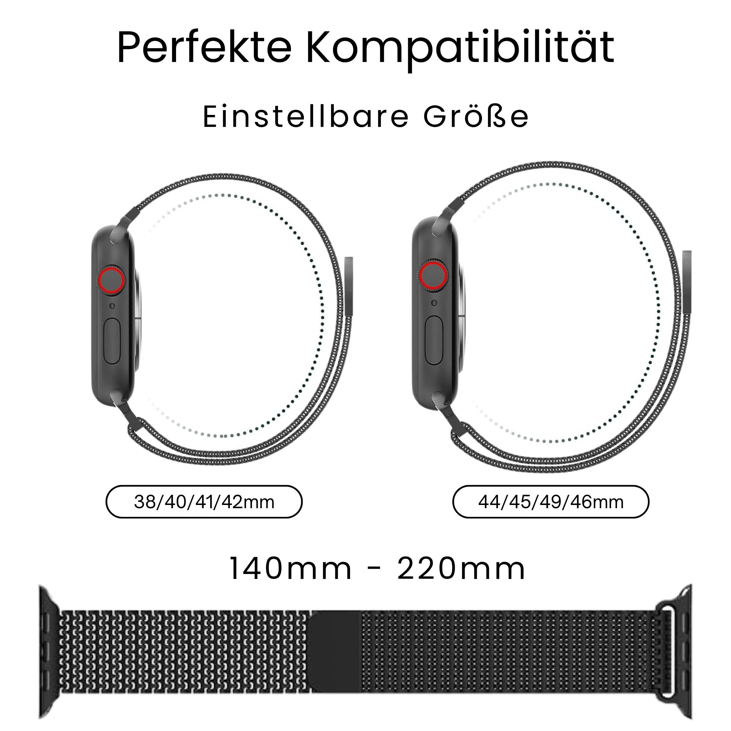 Zwei Uhrengehäuse mit Armbändern, Größenangaben und Längenangaben.