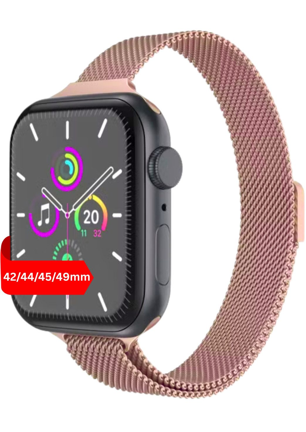 Eine roségoldene Smartwatch mit einem Netzarmband und einem Zifferblatt mit bunten Ringen.