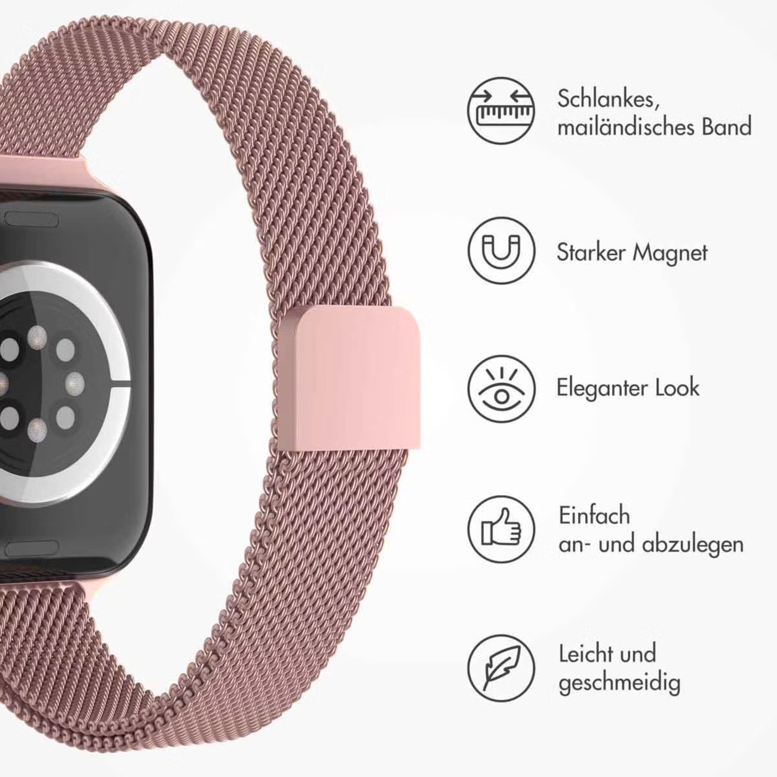 Ein rosafarbenes Milanese-Armband für eine Smartwatch mit Icons.