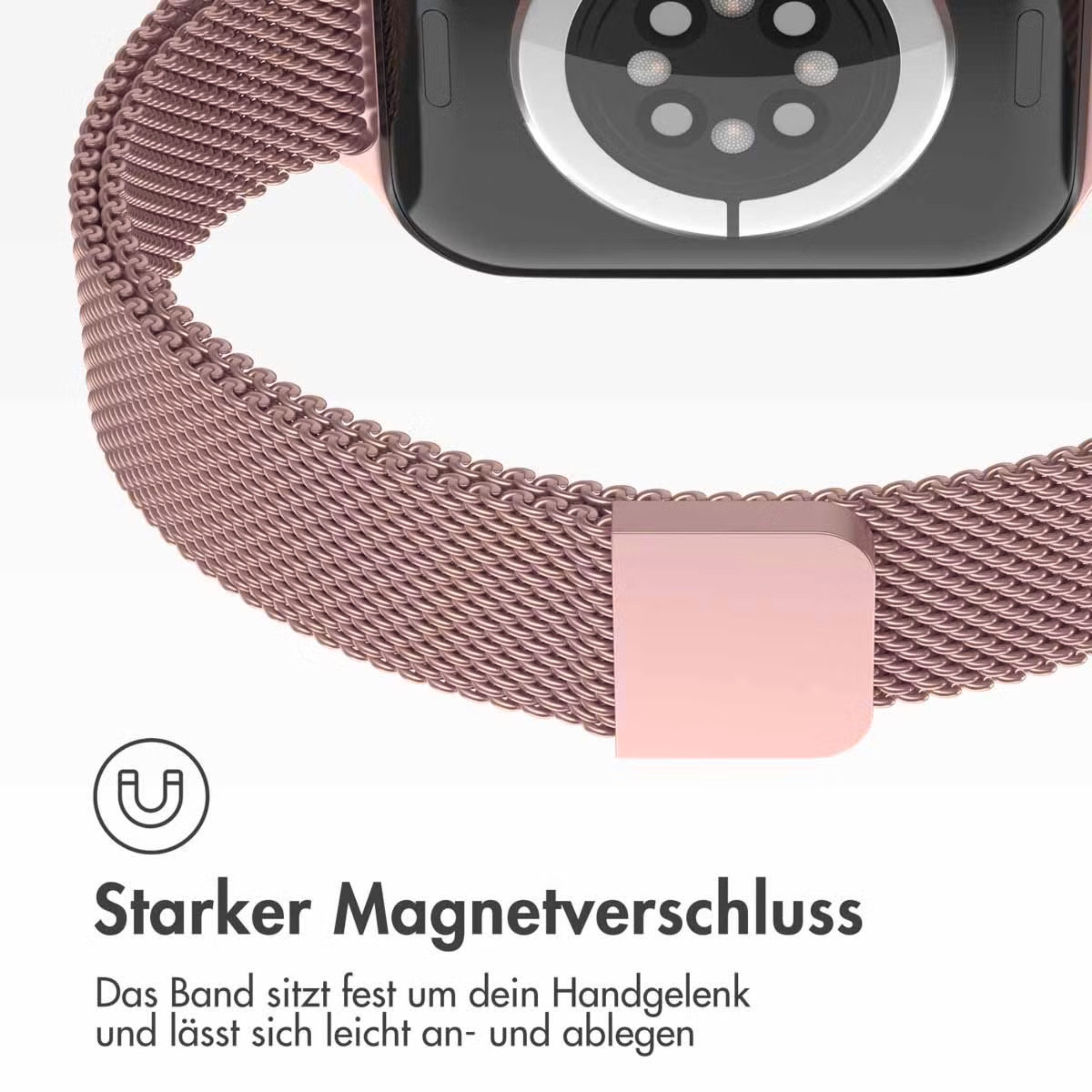Ein roségoldenes Magnetarmband für eine Smartwatch mit starkem Verschluss.