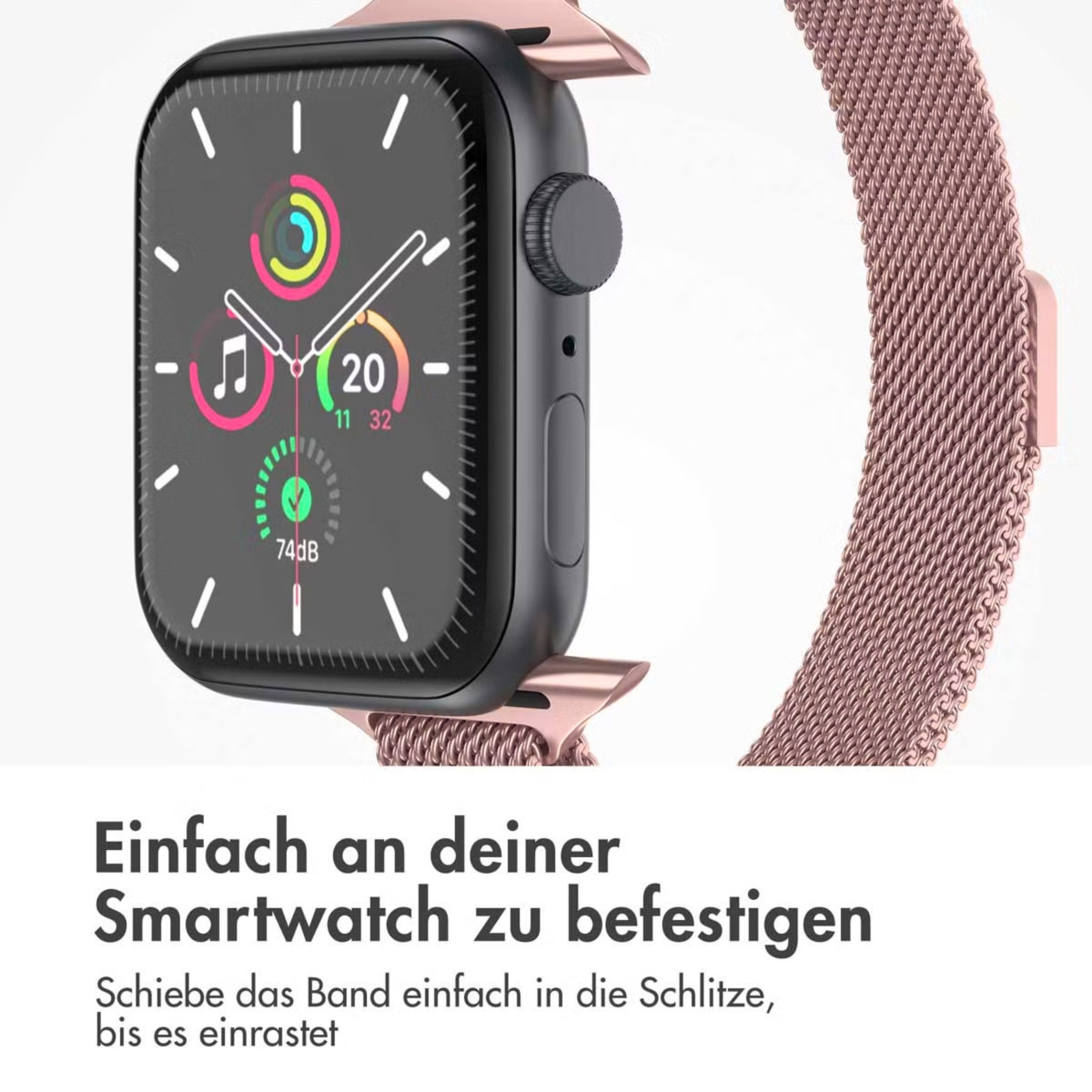 Eine roségoldene Smartwatch mit Armband und digitalen Anzeigen auf dem Bildschirm.