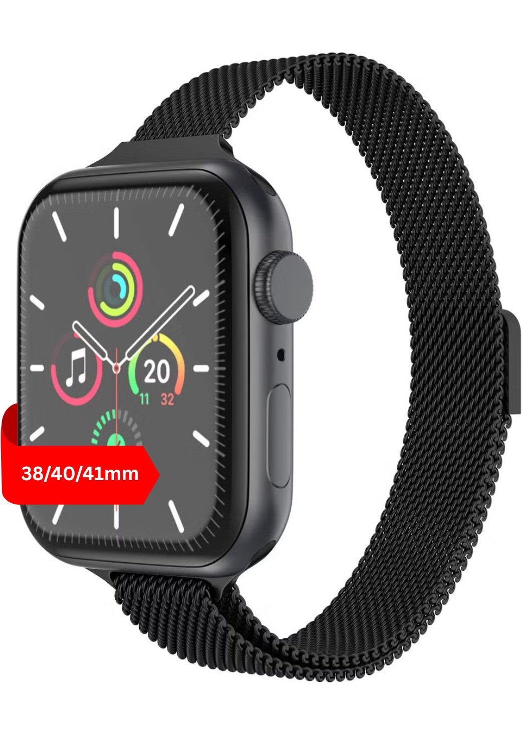 Schwarze Smartwatch mit Milanaise-Armband und rotem Hinweis auf 38/40/41mm.