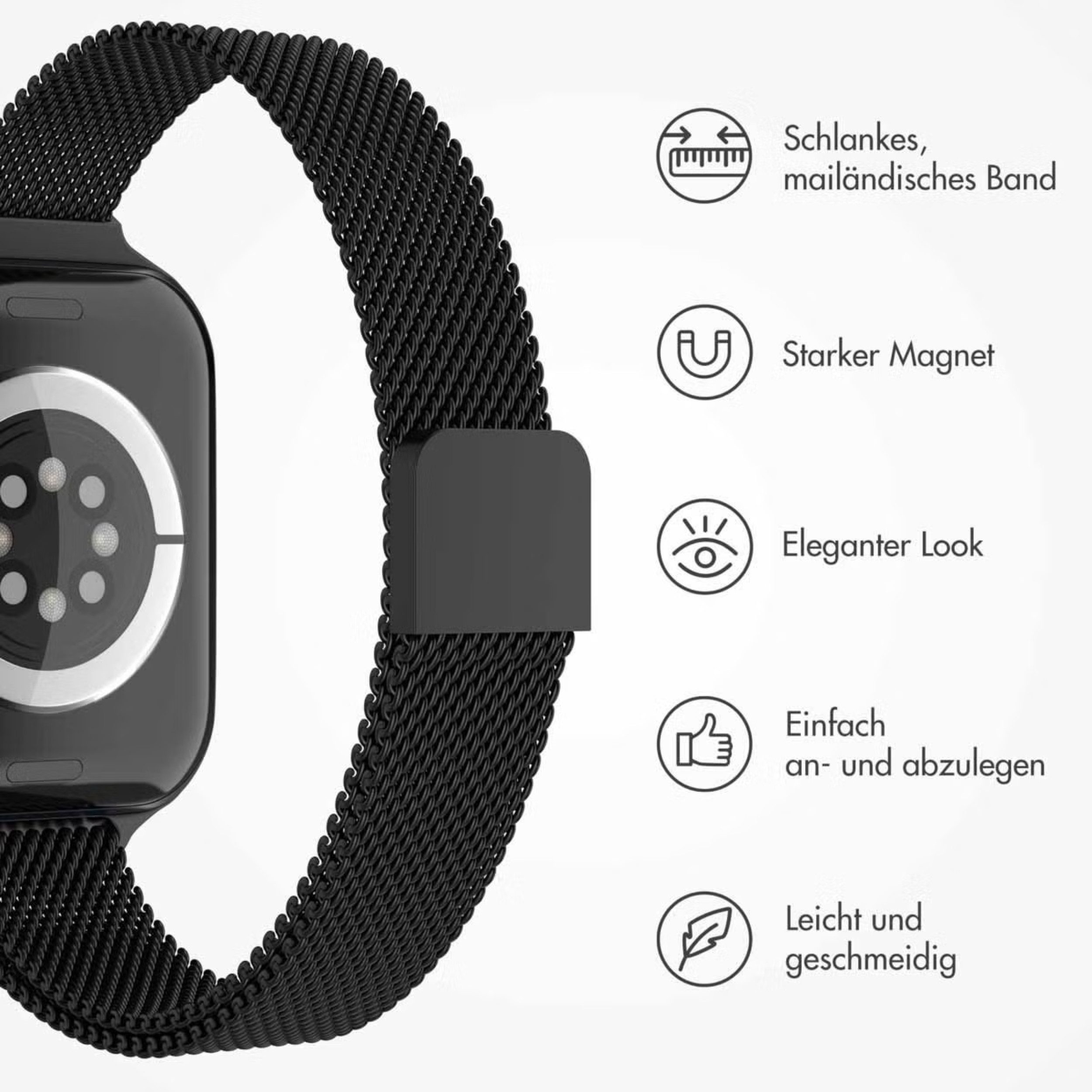 Schwarzes, schlankes Uhrenarmband aus Milanaise-Geflecht mit Magnetverschluss.