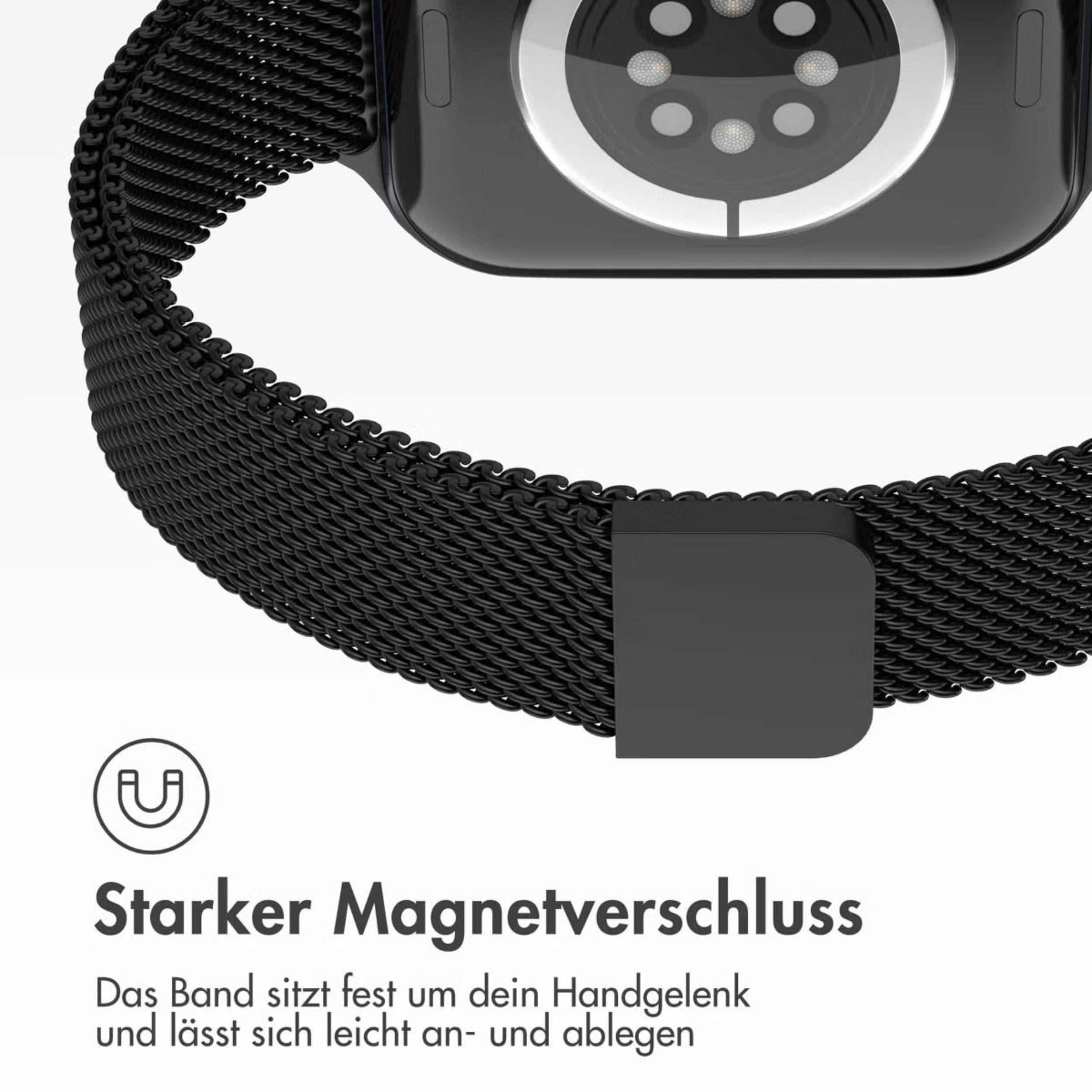 Schwarzes Uhrenarmband mit Magnetschnalle und Herzfrequenzsensor.