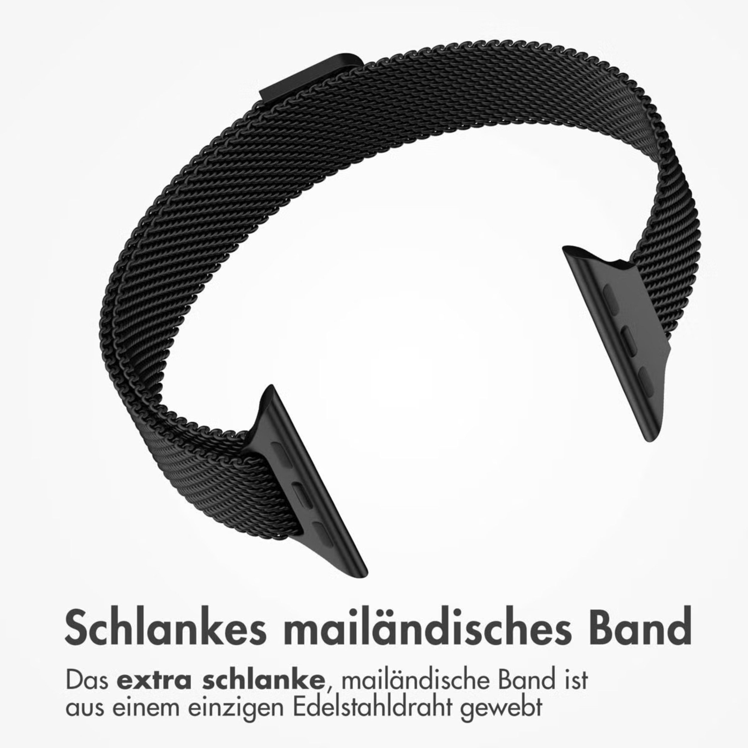 Ein schlankes, schwarzes Edelstahl-Armband für eine Uhr.