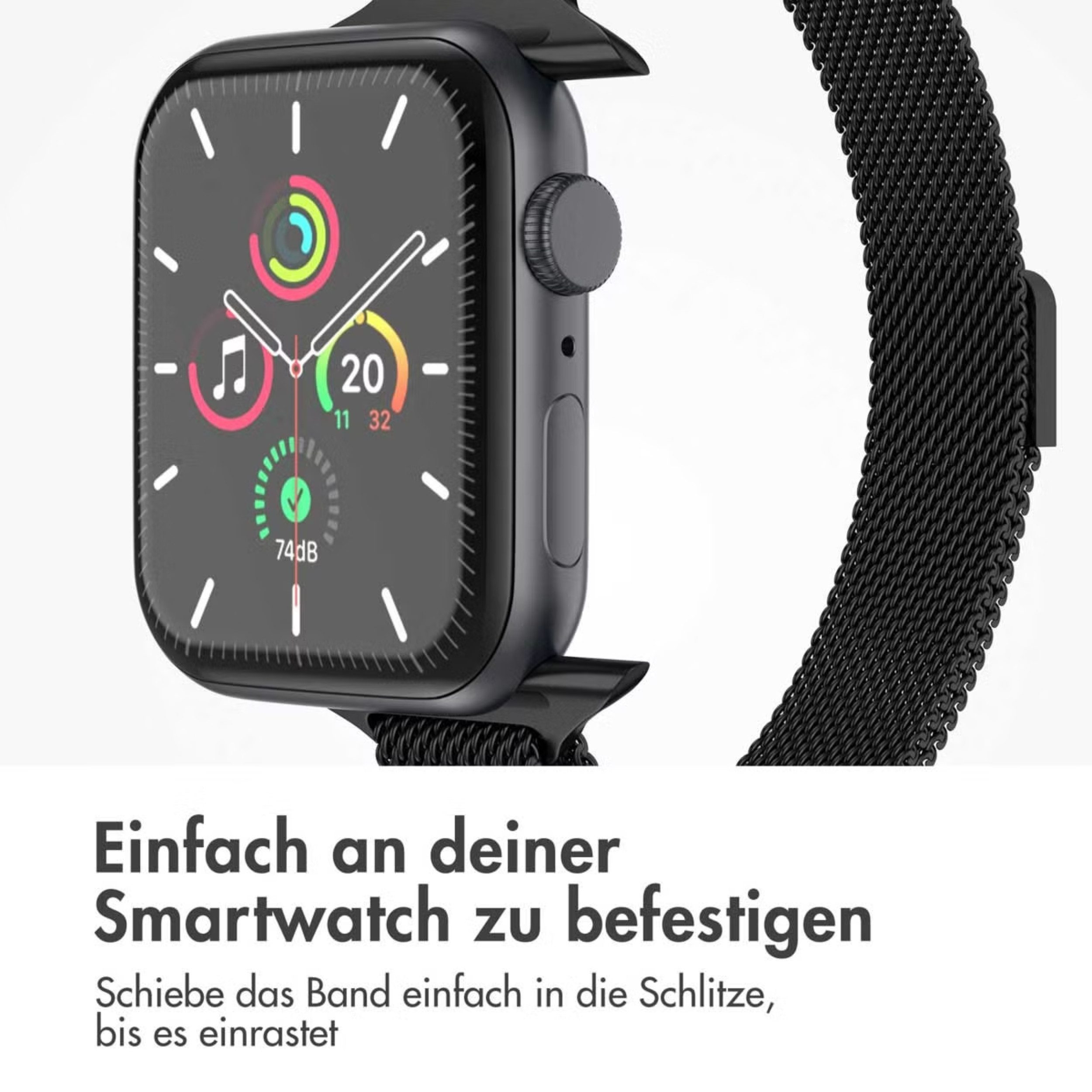 Eine schwarze Smartwatch mit schwarzem Milanaise-Armband und Farbdisplay.