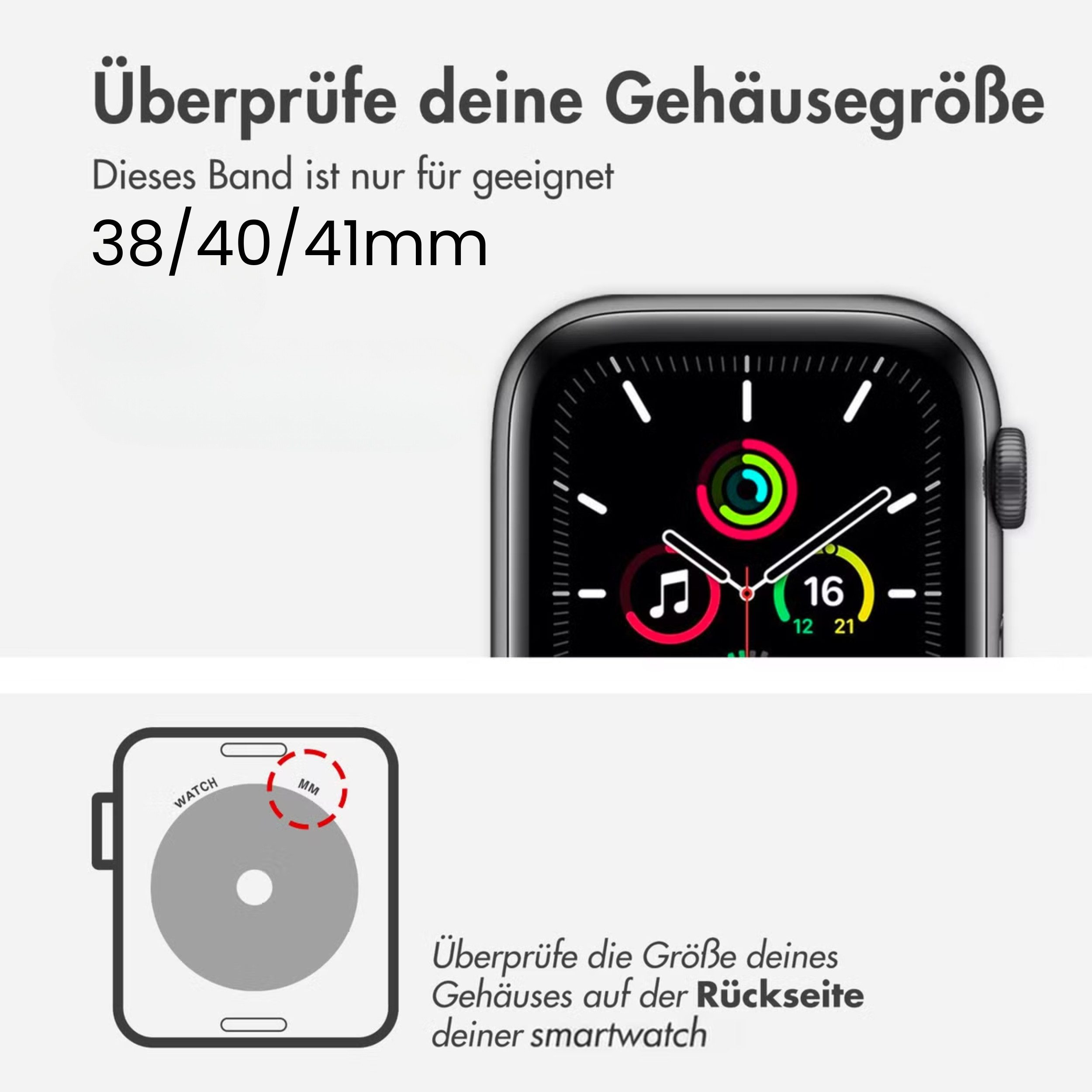 Uhrgehäusegröße 38/40/41mm, Rückseite der Smartwatch markiert.