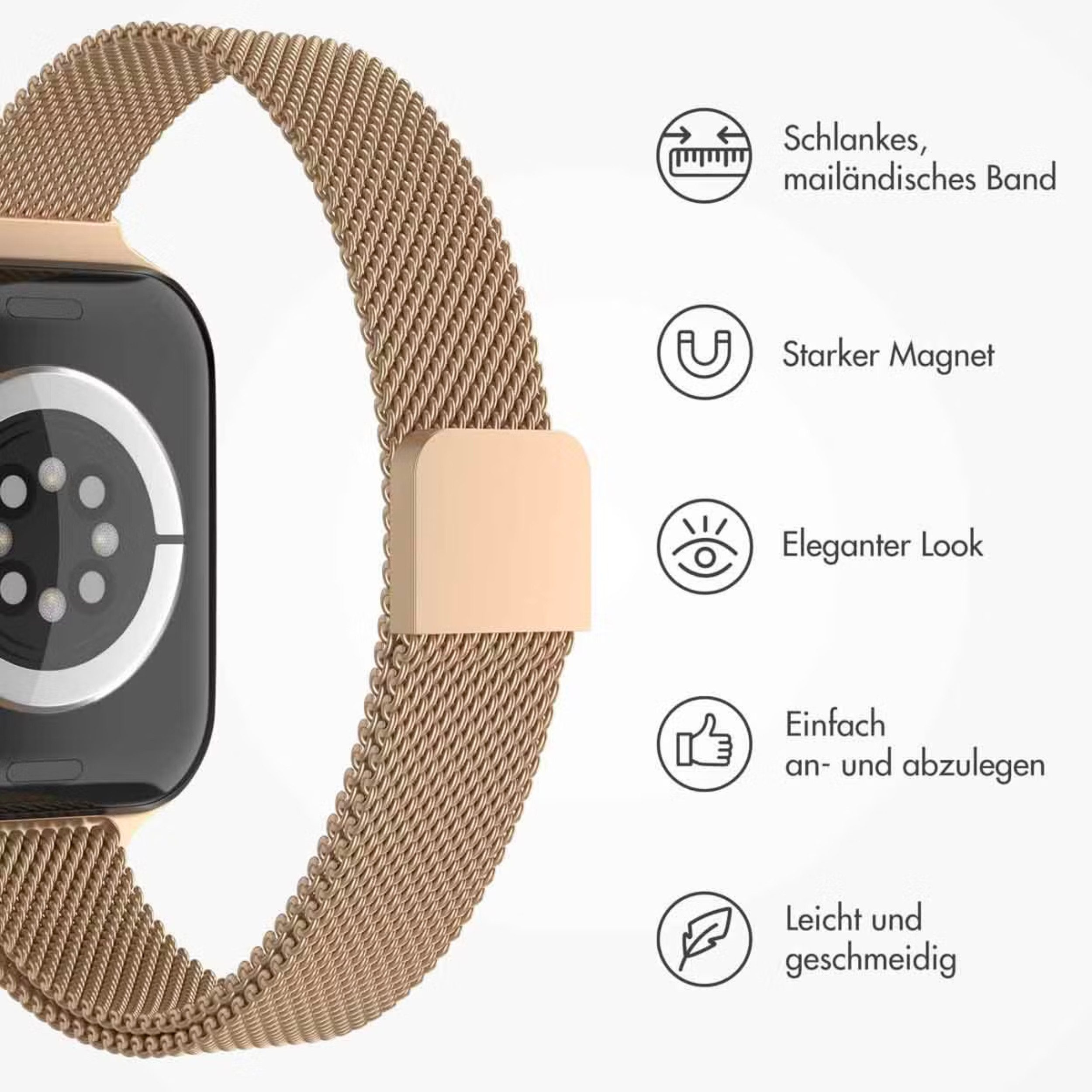 Goldenes Smartwatch-Armband mit Magnetverschluss und detaillierten Merkmalen.