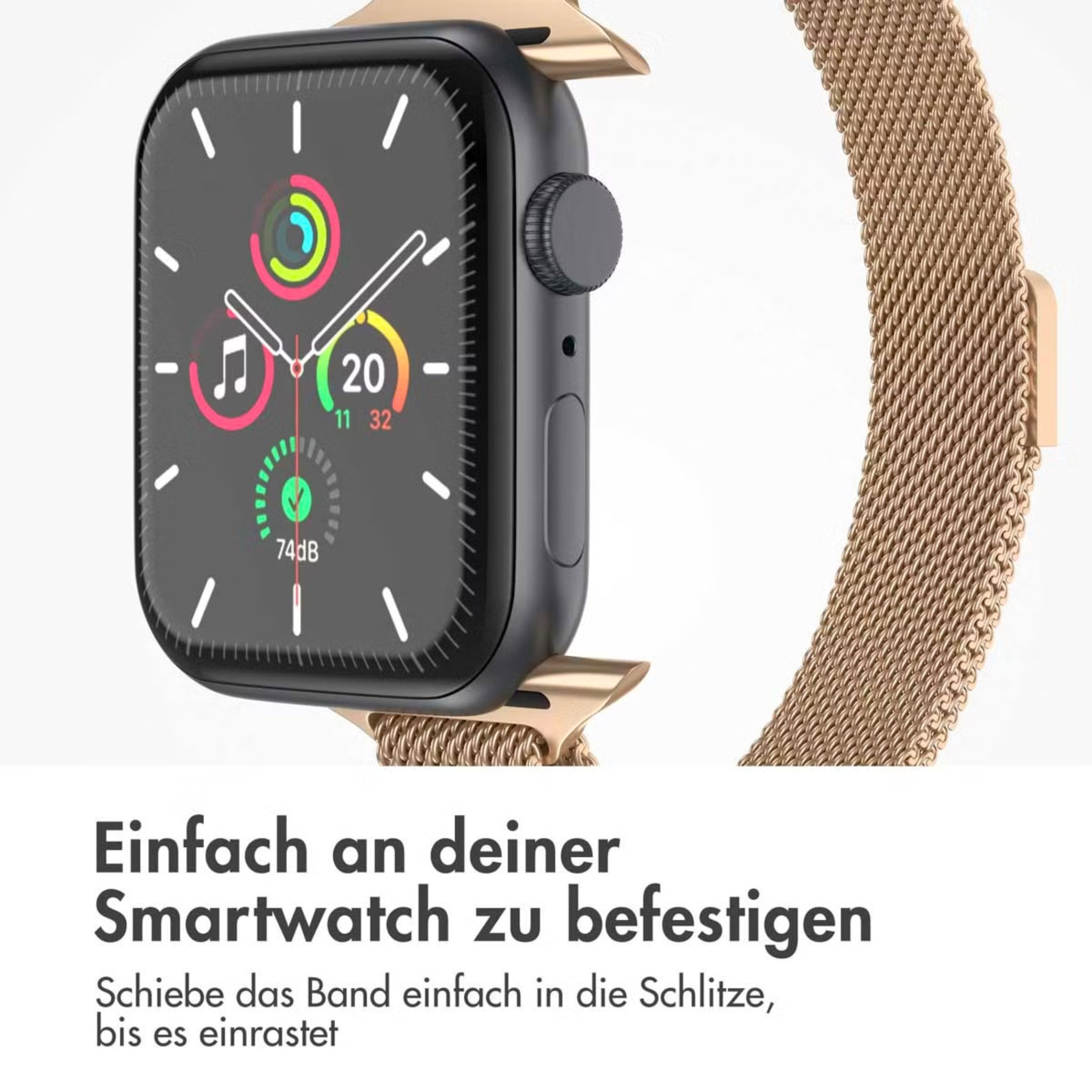 Eine goldene Smartwatch mit schwarzem Gehäuse und einem Mesh-Armband.