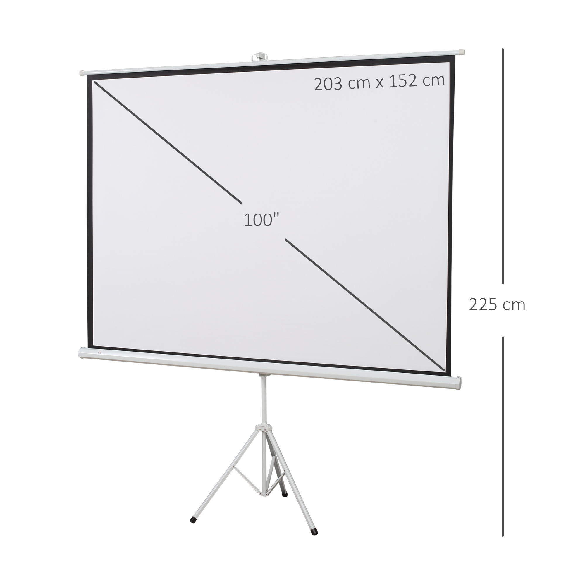 Uno schermo di proiezione bianco su un treppiede, alto 225 cm.