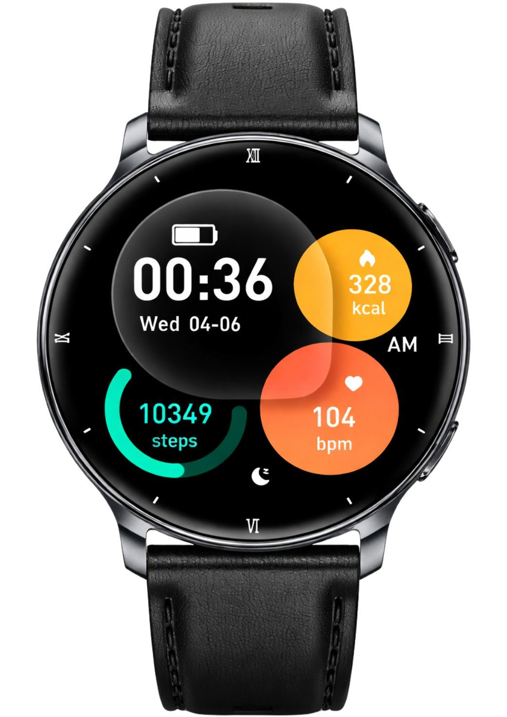 Eine schwarze Smartwatch zeigt 00:36, 10349 Schritte, 328 kcal und 104 bpm.