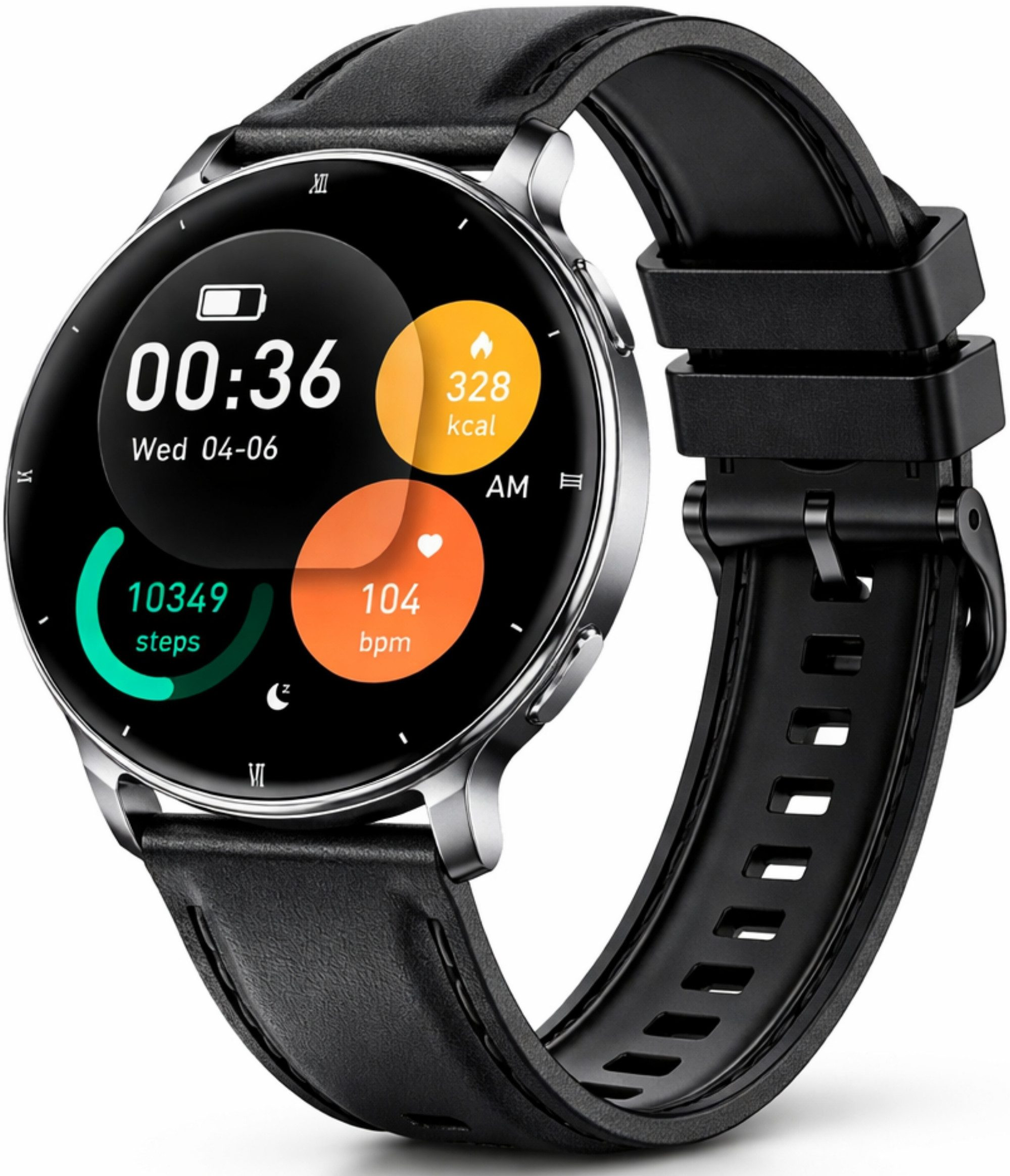 Eine schwarze Smartwatch mit Lederarmband zeigt 00:36, 10349 Schritte, 328 kcal und 104 bpm.