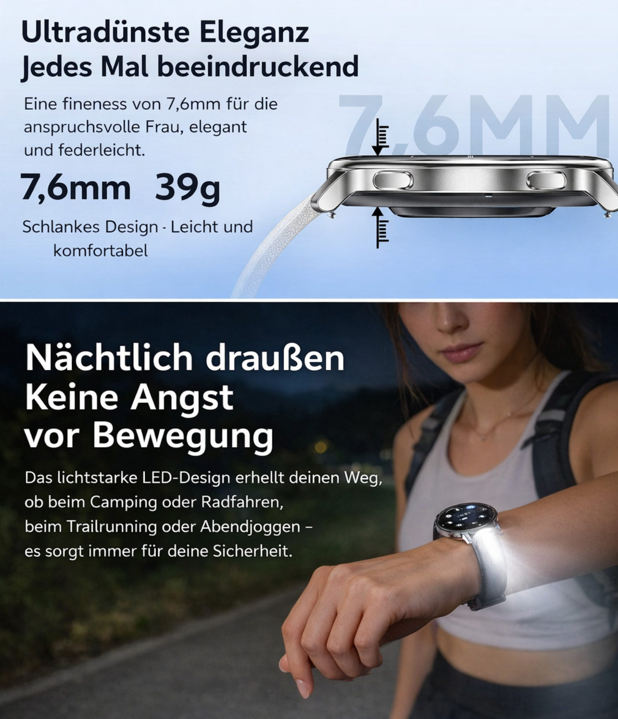 Smartwatch mit 7,6 mm Dicke und 39 g Gewicht. Eine Frau rennt nachts mit eingeschaltetem Uhrenlicht.