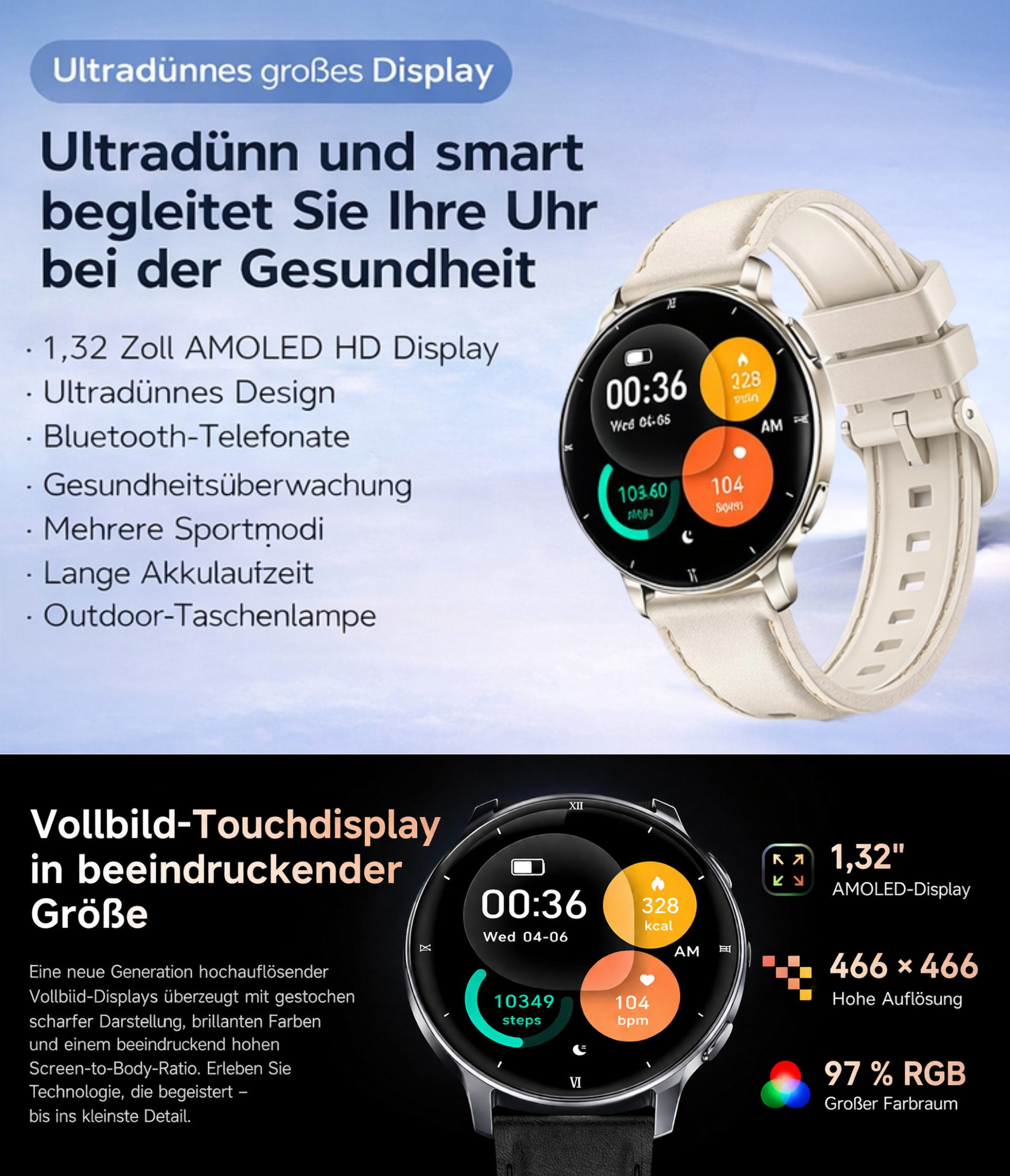 Eine weiße Smartwatch mit einem dünnen Design und einem Vollbild-AMOLED-Display.