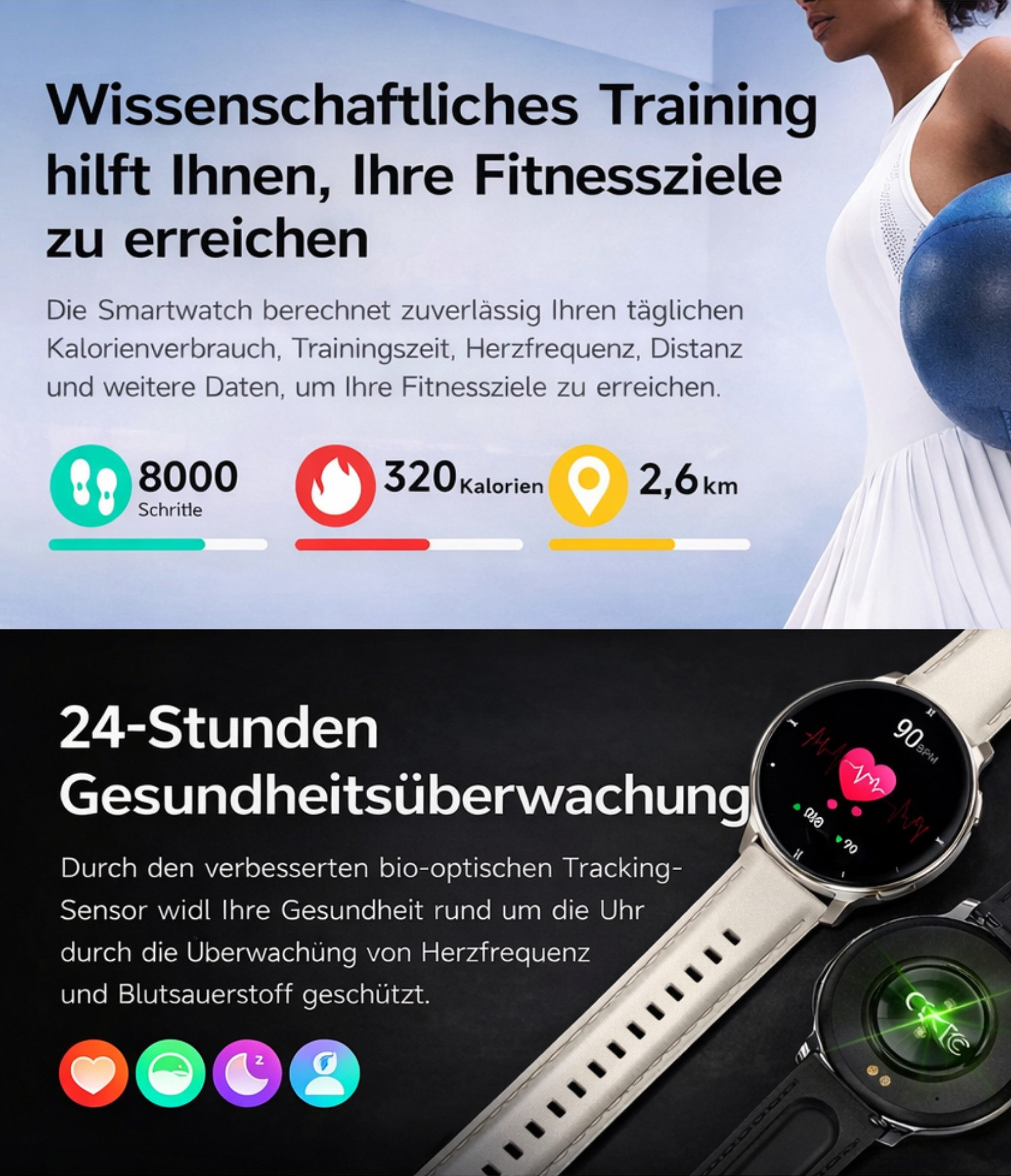 Smartwatch zeigt Schritte, Kalorien, Distanz und Gesundheitsdaten an.