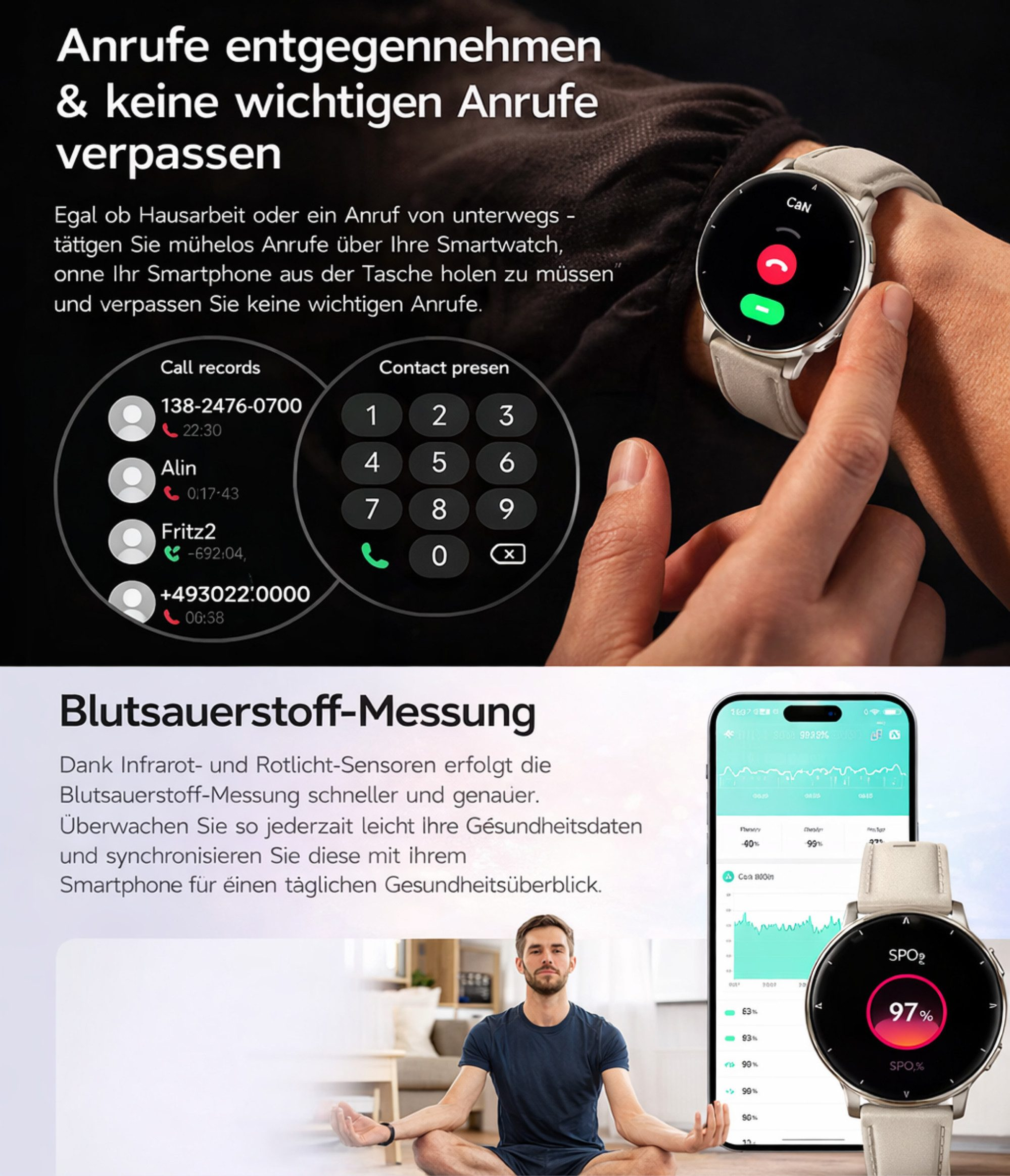 Smartwatch zeigt Anrufliste und Tastatur. Daneben ein Mann in Meditationspose.