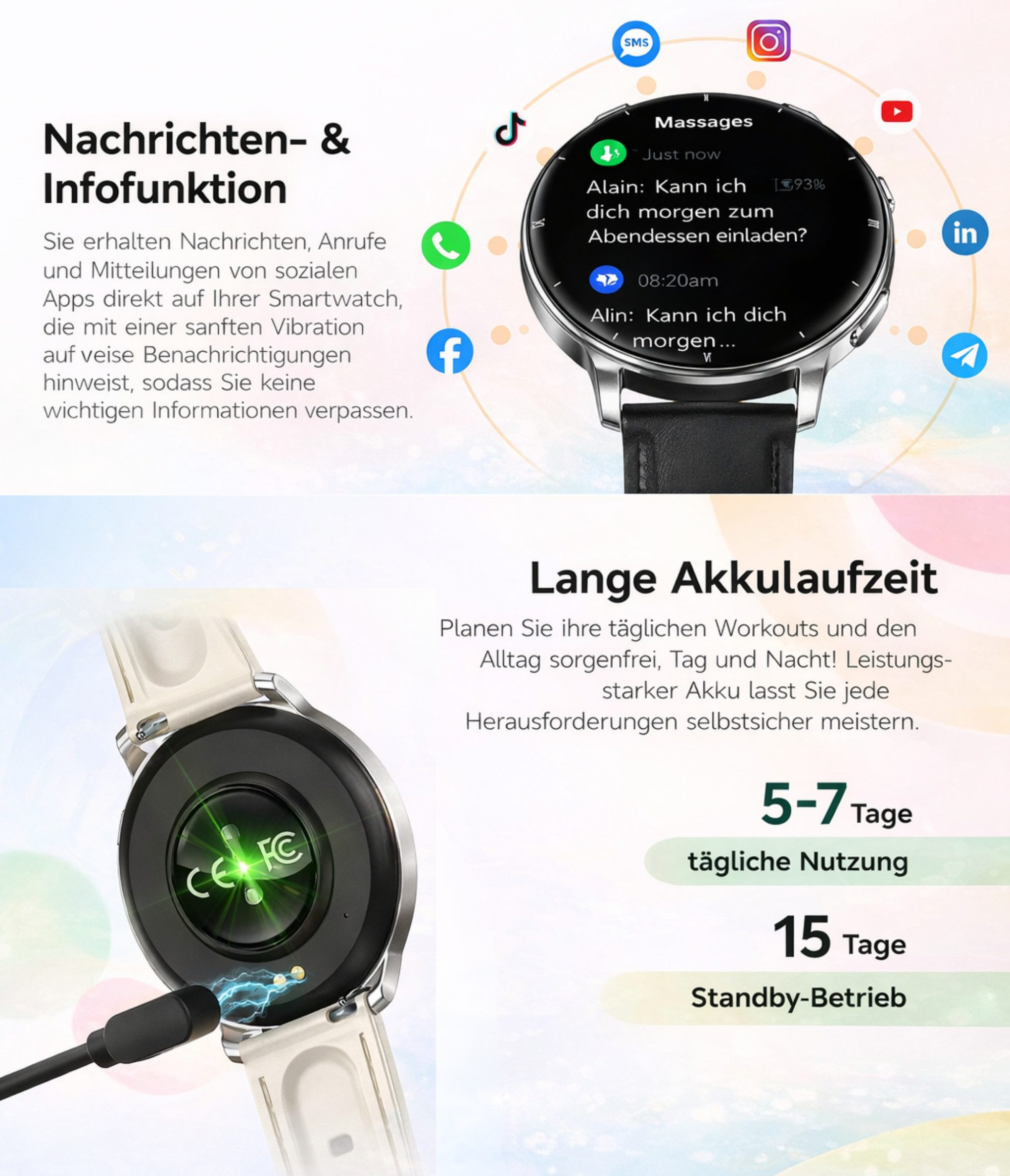 Smartwatch mit Nachrichtenfunktion und langer Akkulaufzeit. Zeigt Benachrichtigungen an.
