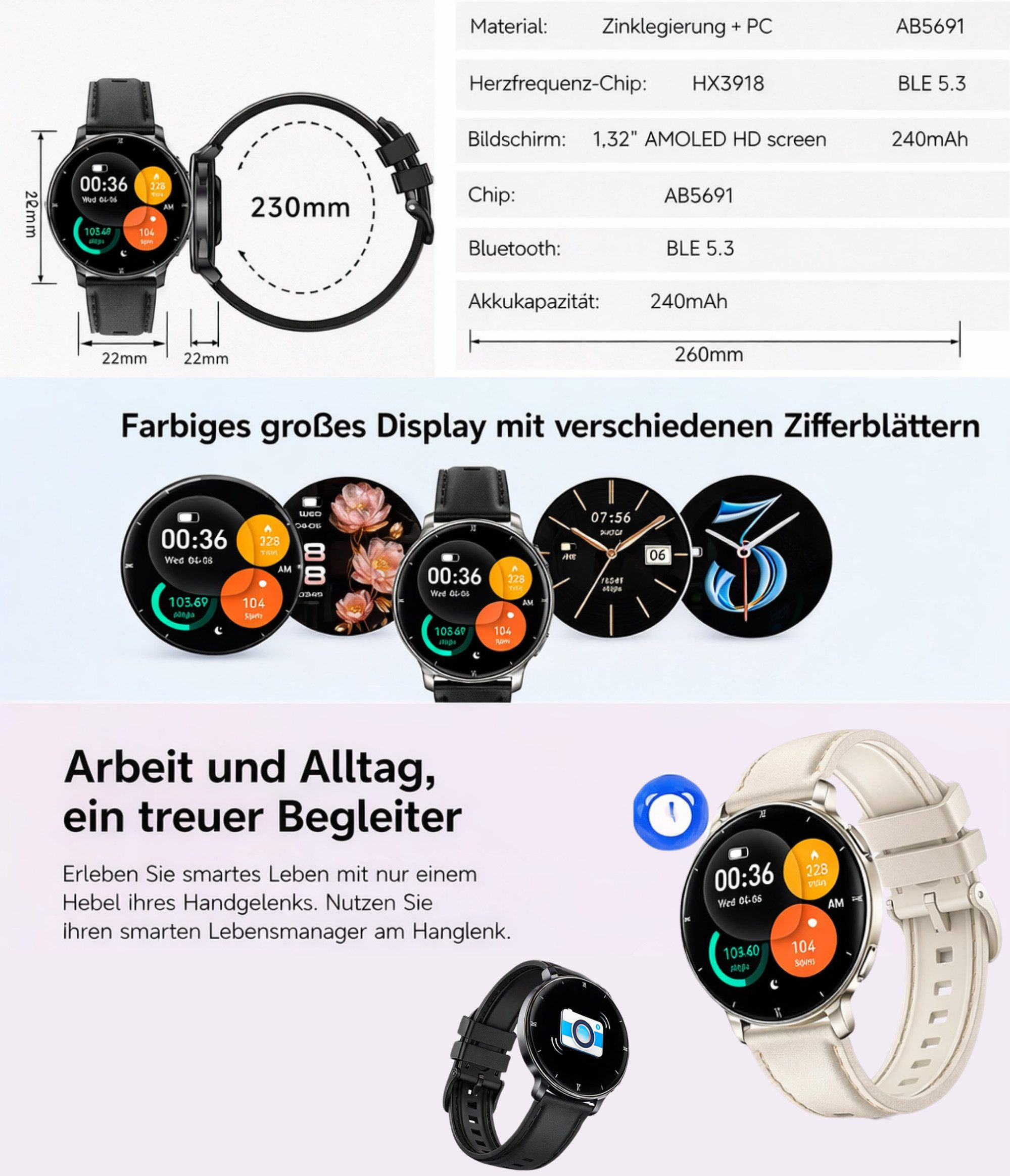 Technische Daten und Ansichten einer Smartwatch mit Armbändern in Schwarz und Beige.