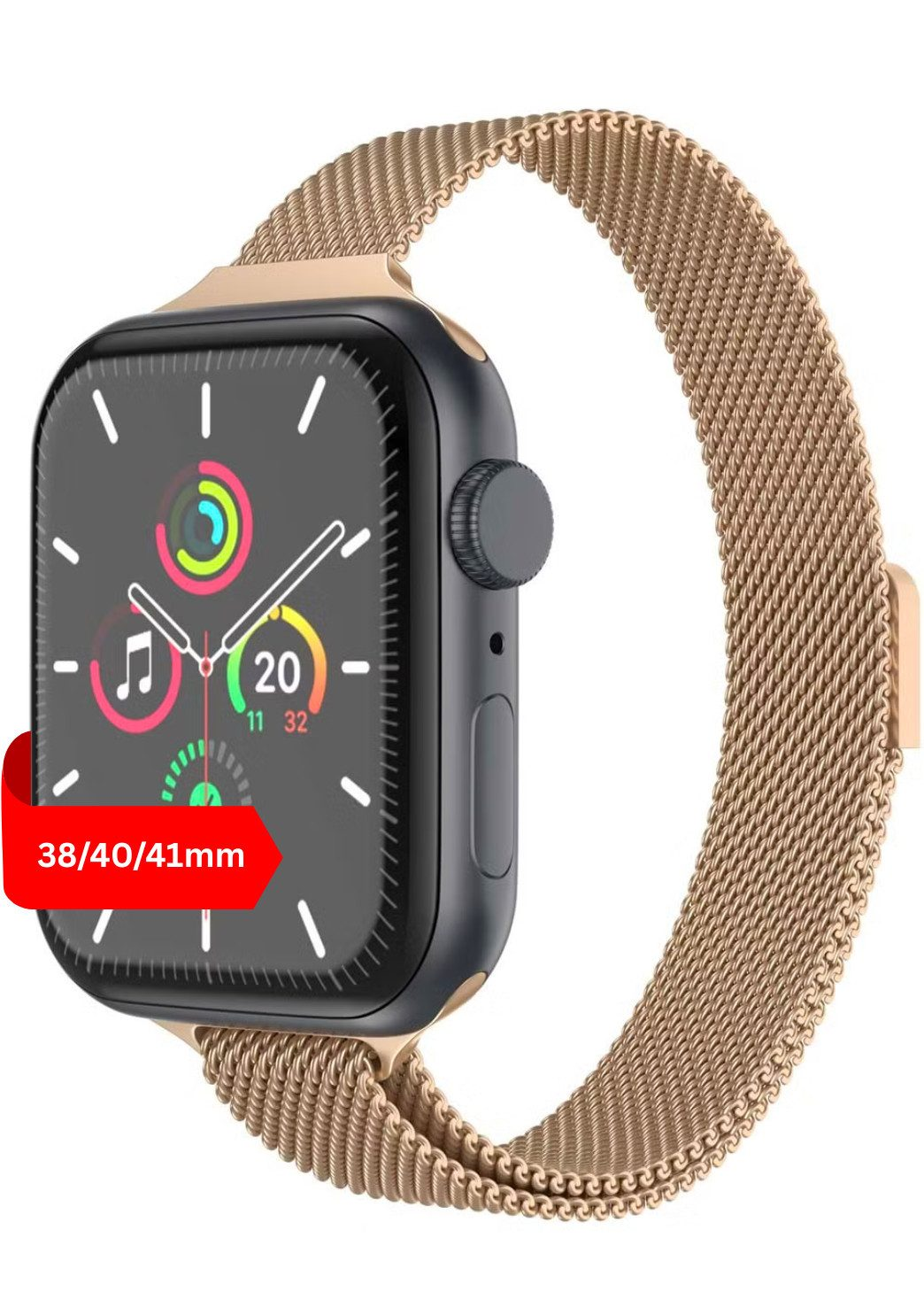 Eine goldene Apple Watch mit Milanaise-Armband und schwarzem Zifferblatt.
