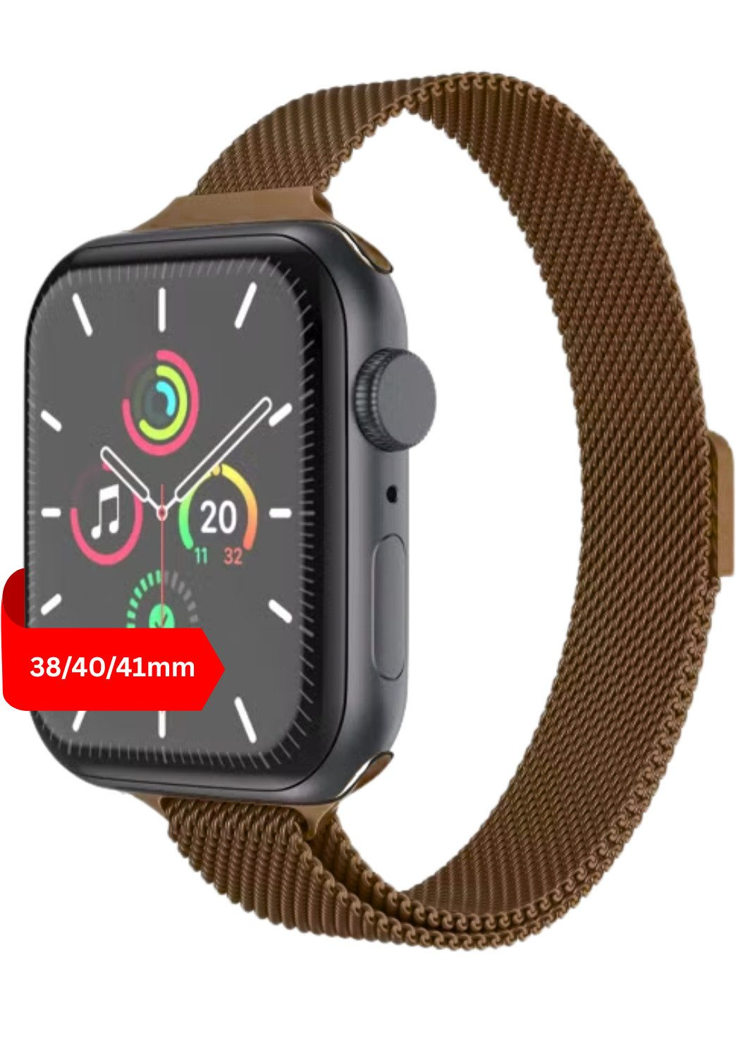 Eine Uhr mit braunem Milanaise-Armband und einem dunklen Gehäuse.