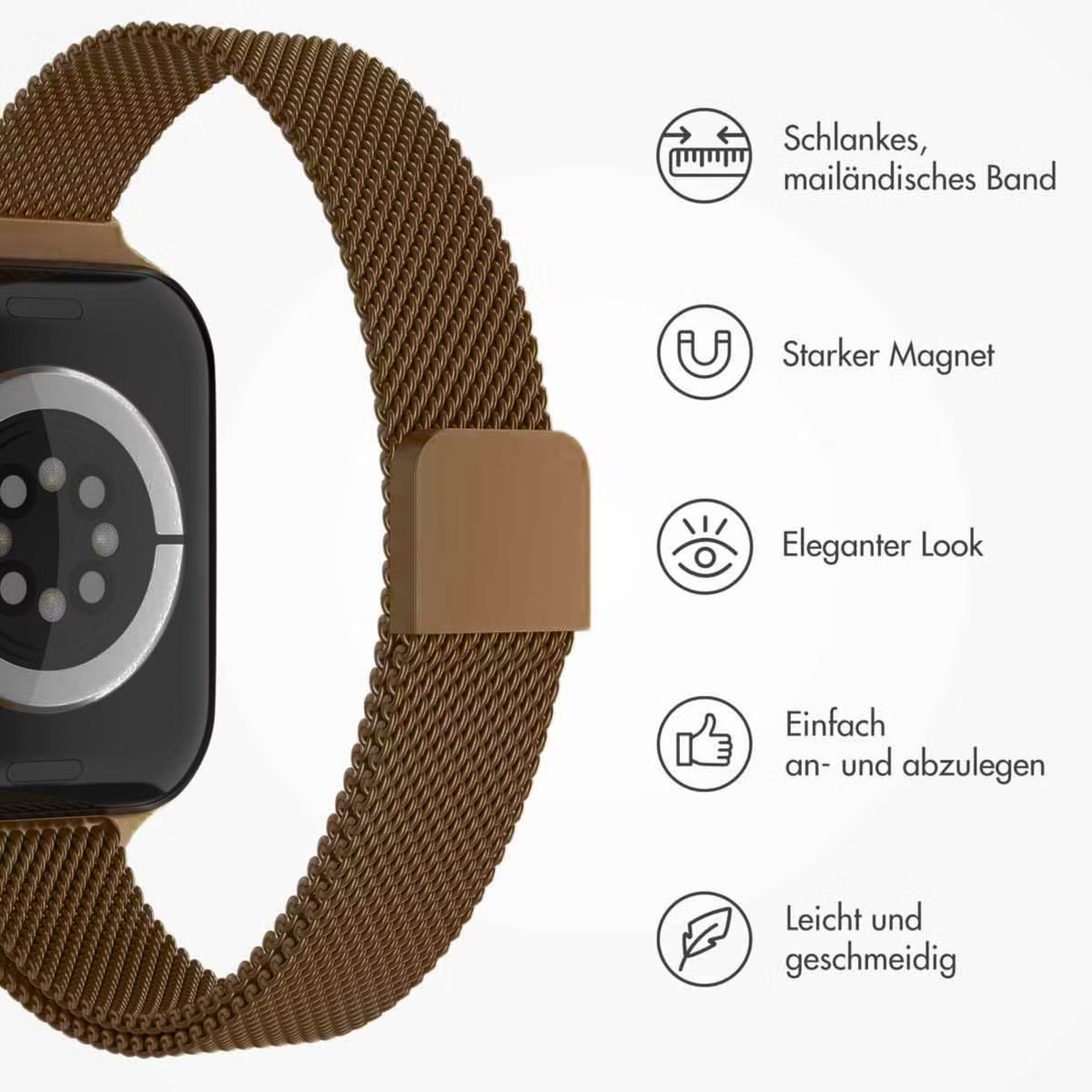 Braunes, schlankes und magnetisches Uhrenarmband mit Details.