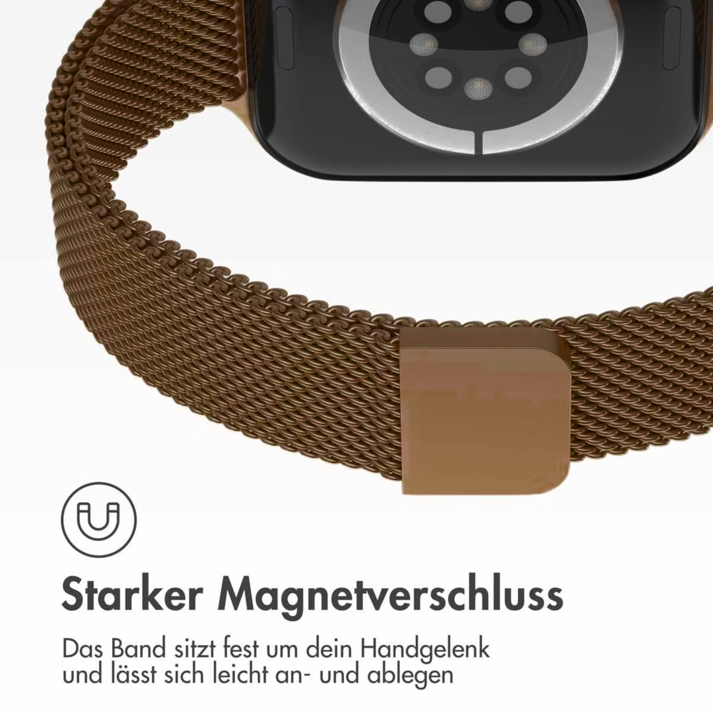 Braunes Milanese-Armband mit starkem Magnetverschluss für Smartwatches.