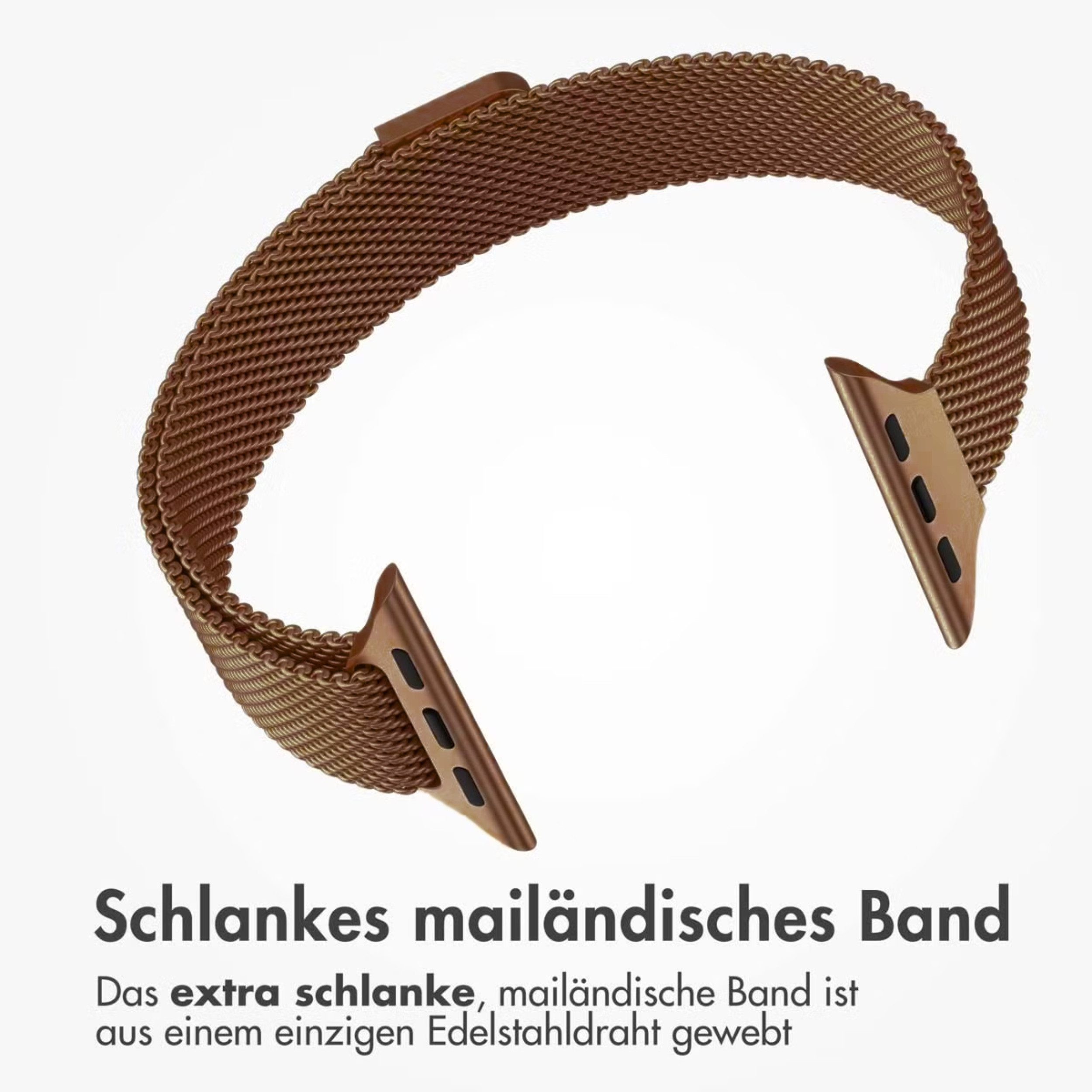 Ein schlankes, braunes Milanese-Armband aus Edelstahlgewebe.
