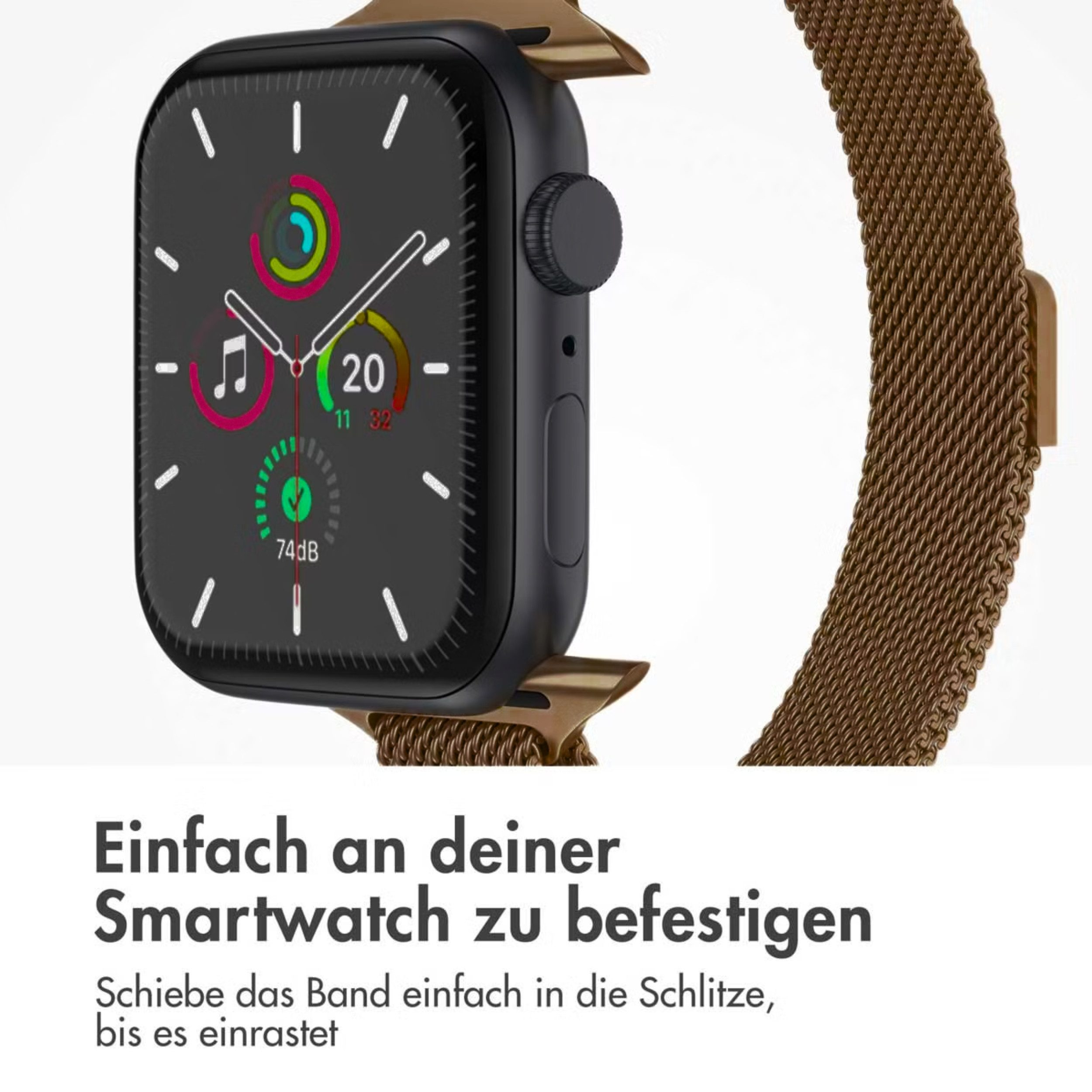 Eine schwarze Smartwatch mit braunem Metallarmband. Das Zifferblatt zeigt Aktivitätsringe.