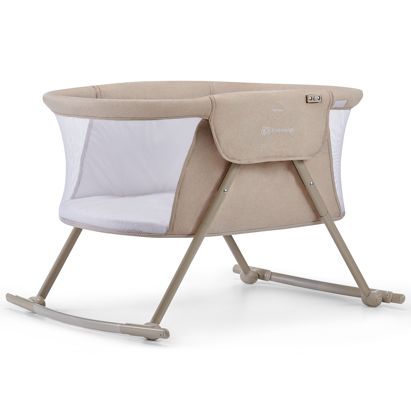Ein beiger Baby-Stubenwagen mit Netzseiten und Schaukelfüßen.