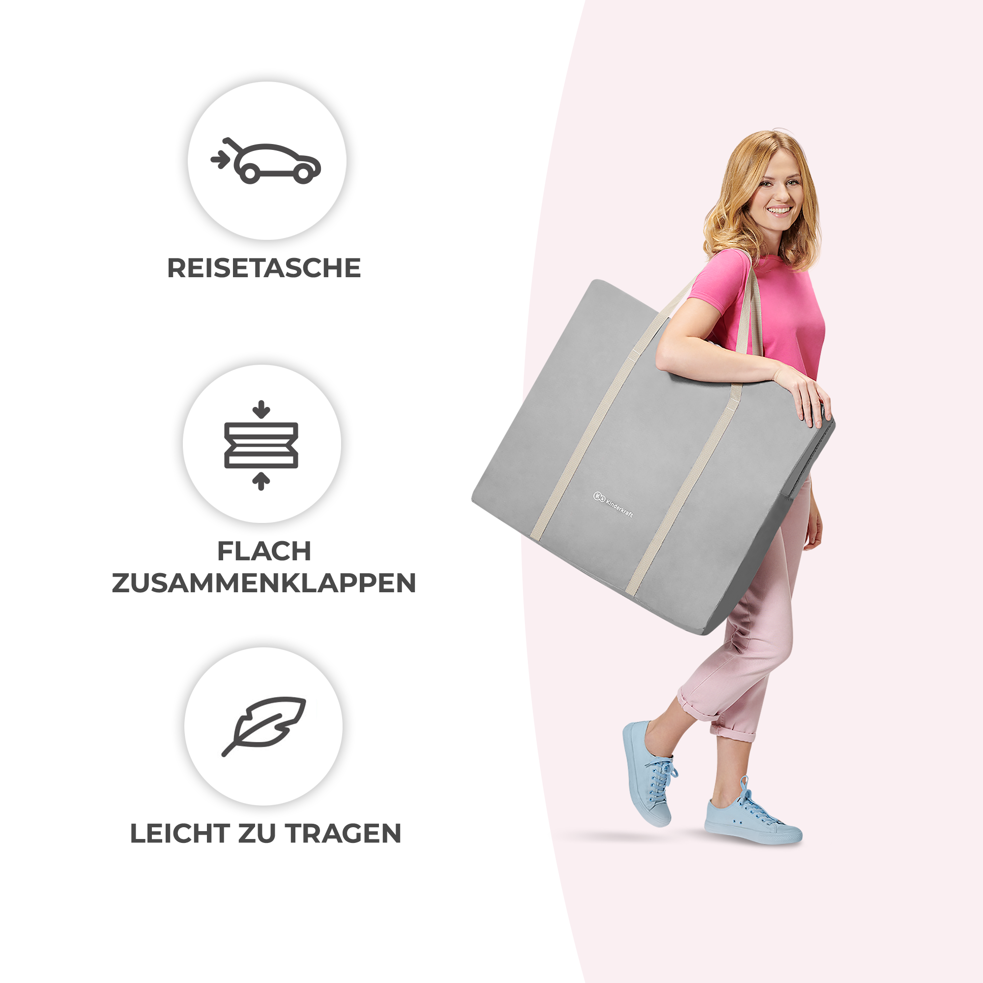 Eine Frau trägt eine graue Reisetasche über der Schulter, pinke Hose, blaue Schuhe.