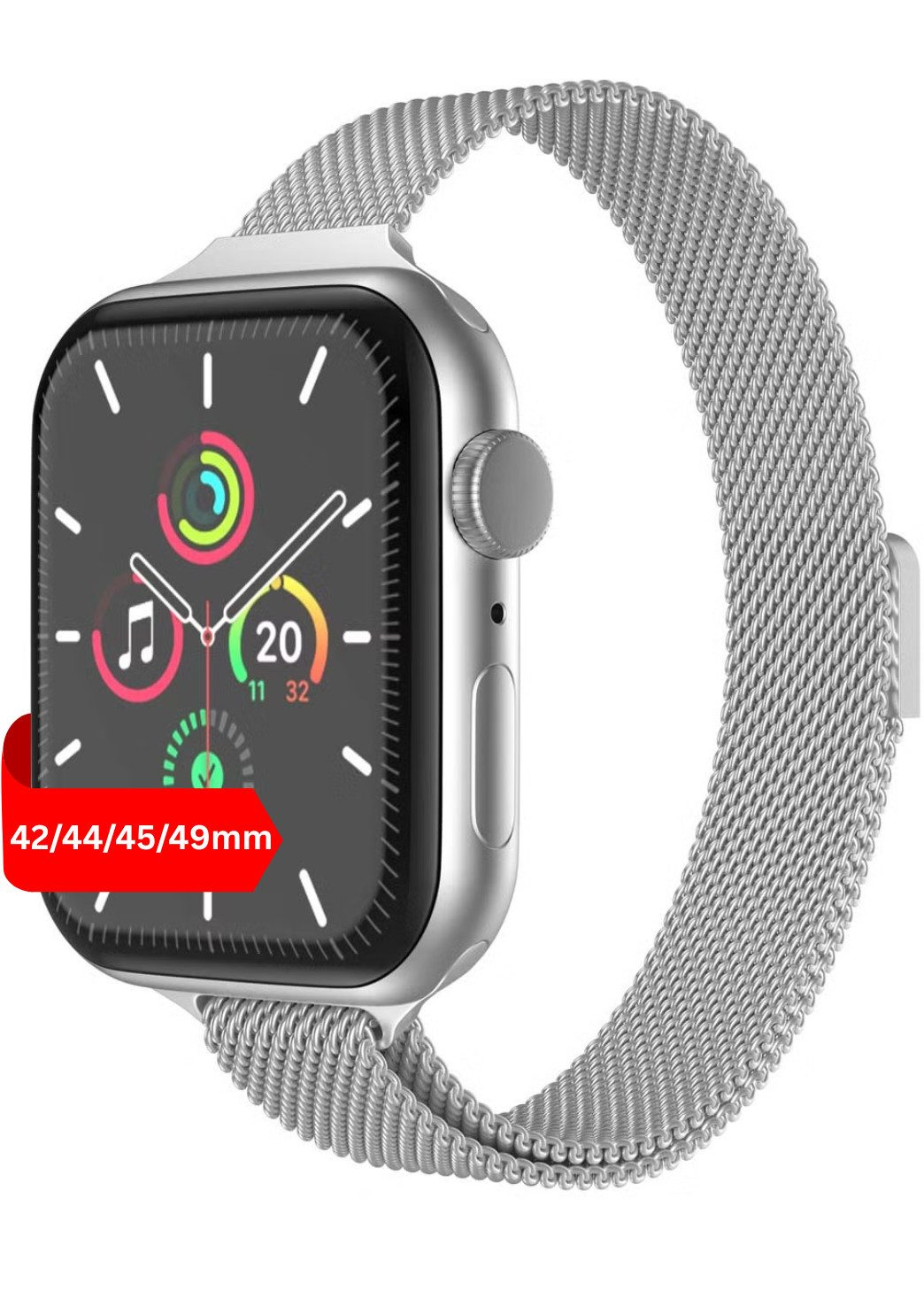 Silberne Smartwatch mit Milanaise-Armband und buntem Aktivitäts-Tracker-Display.