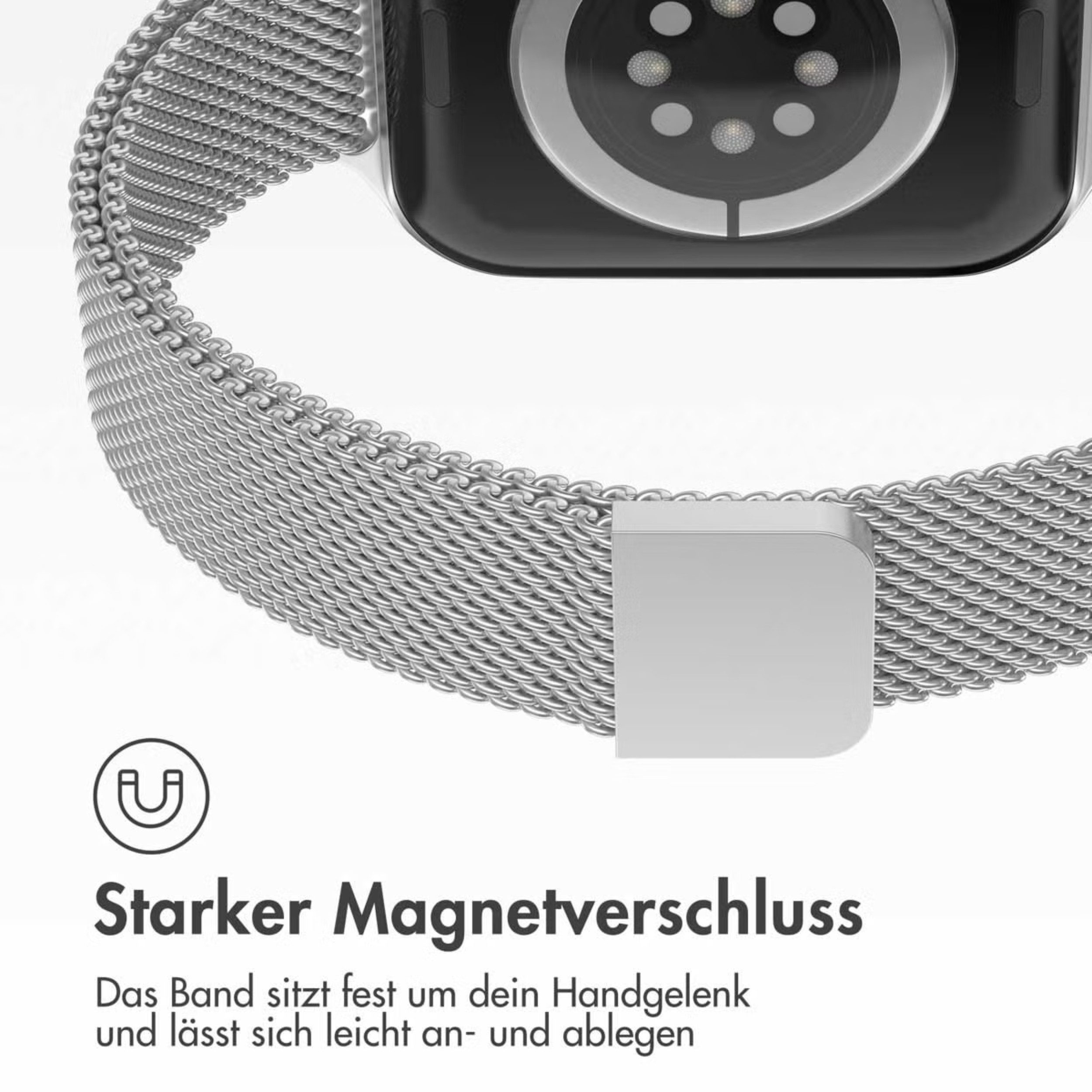 Silbernes Magnetarmband für Smartwatch mit Nahaufnahme des Verschlusses.