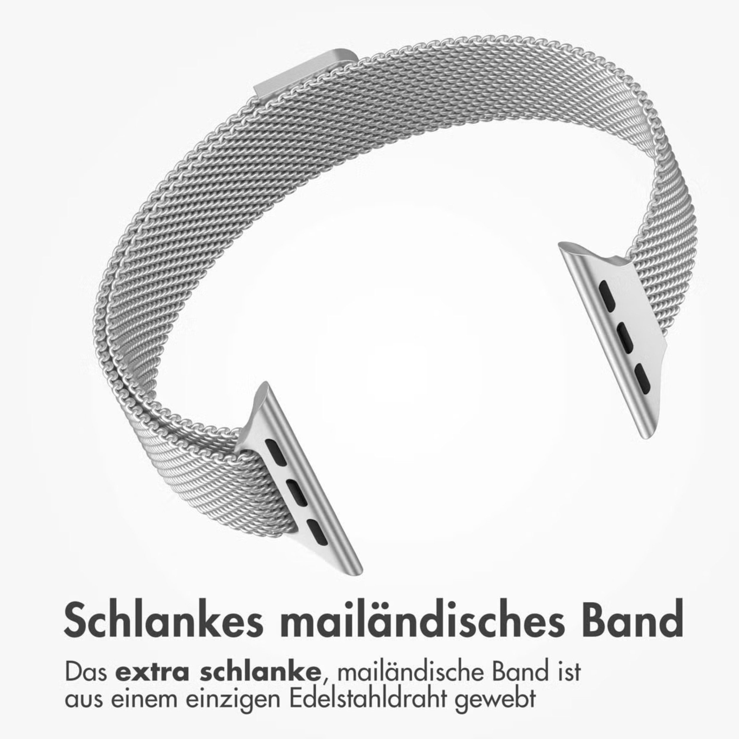 Schlankes, silbernes Edelstahl-Uhrenarmband mit feinmaschigem Gewebe.