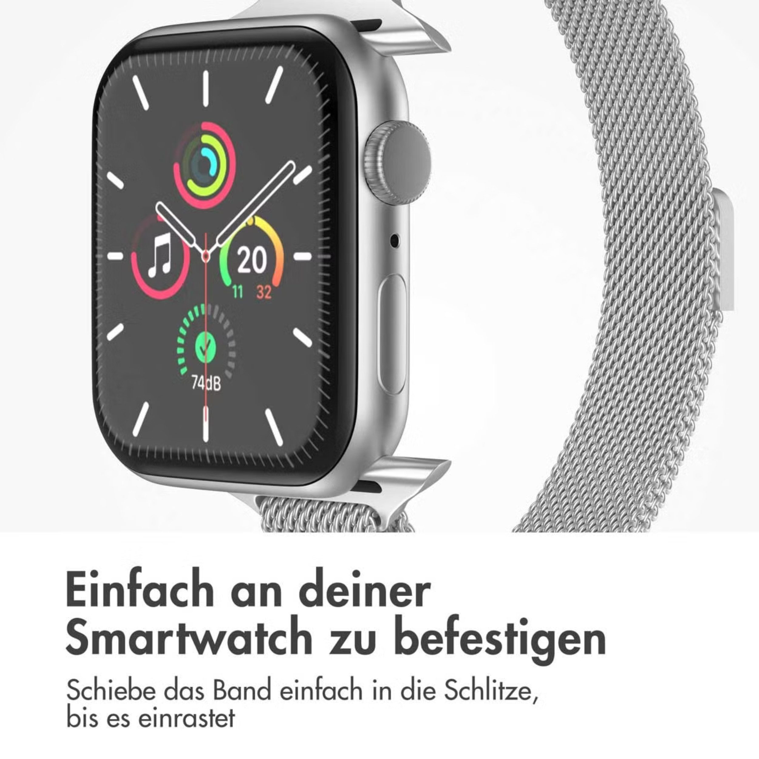 Eine silberne Smartwatch mit Mesh-Armband. Die Anzeige zeigt Aktivitätsringe.