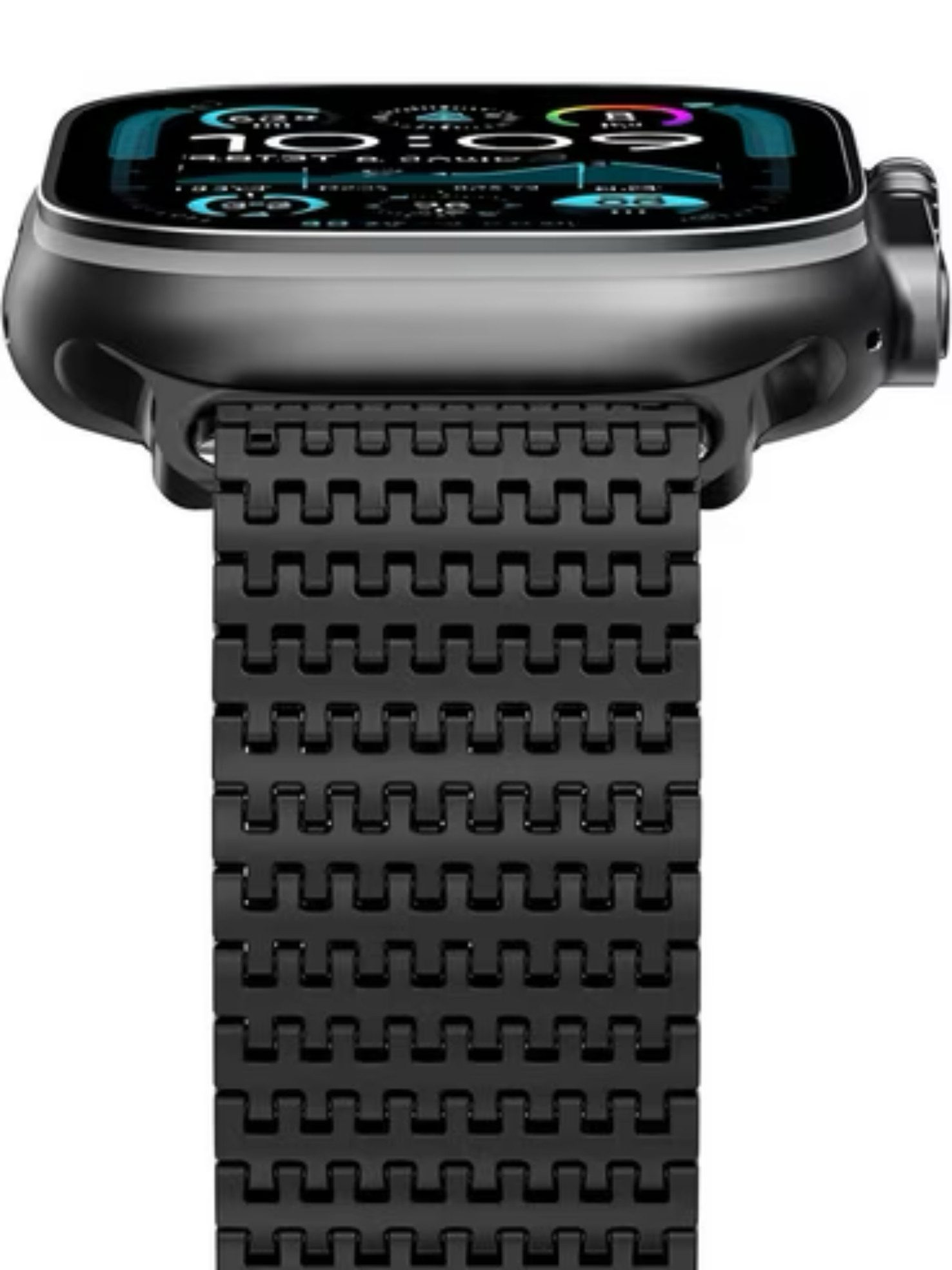 Ein schwarzes Smartwatch-Gehäuse mit einem detaillierten Armband. Das Display zeigt die Zeit.