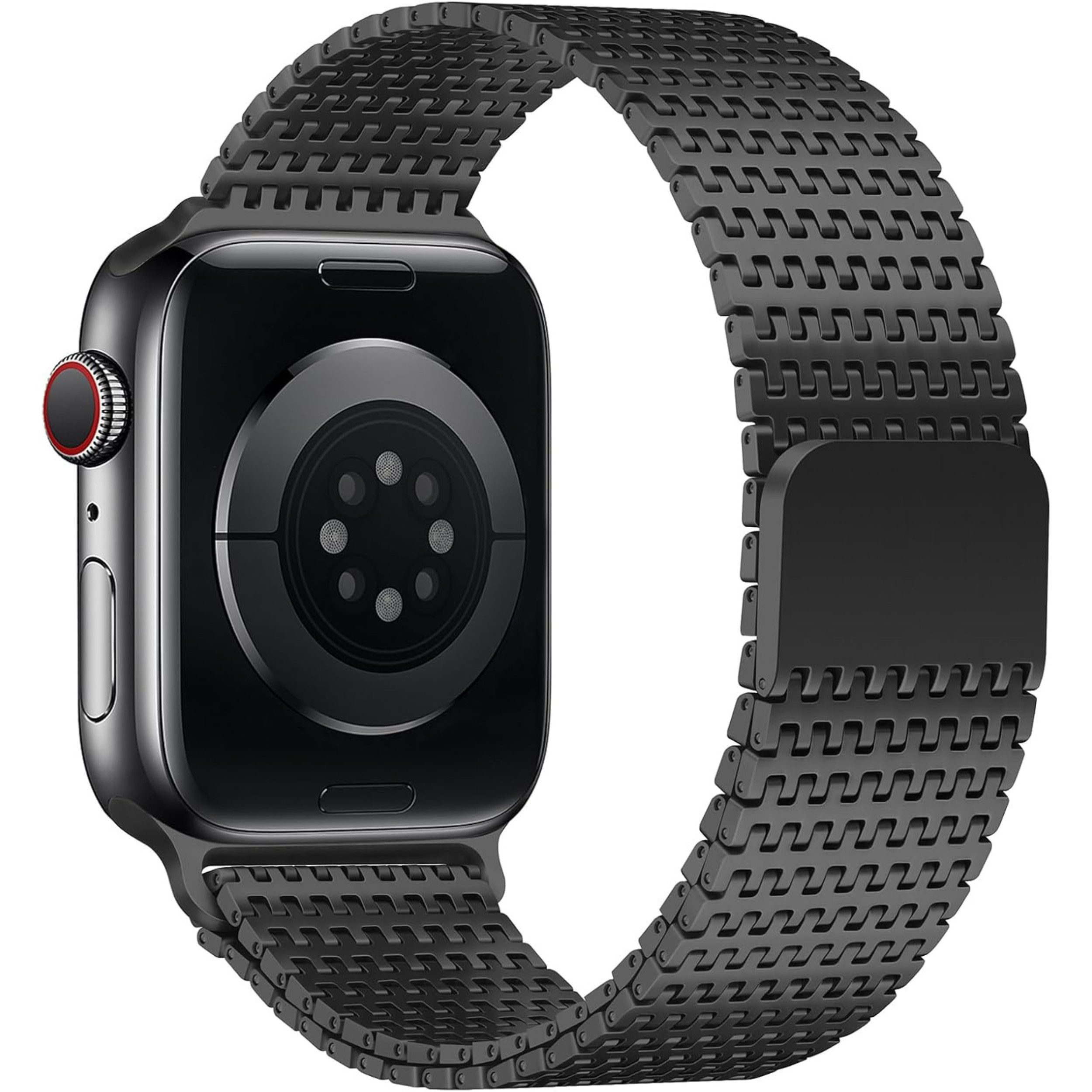 Schwarze Smartwatch mit Metallarmband, Rückseite sichtbar.
