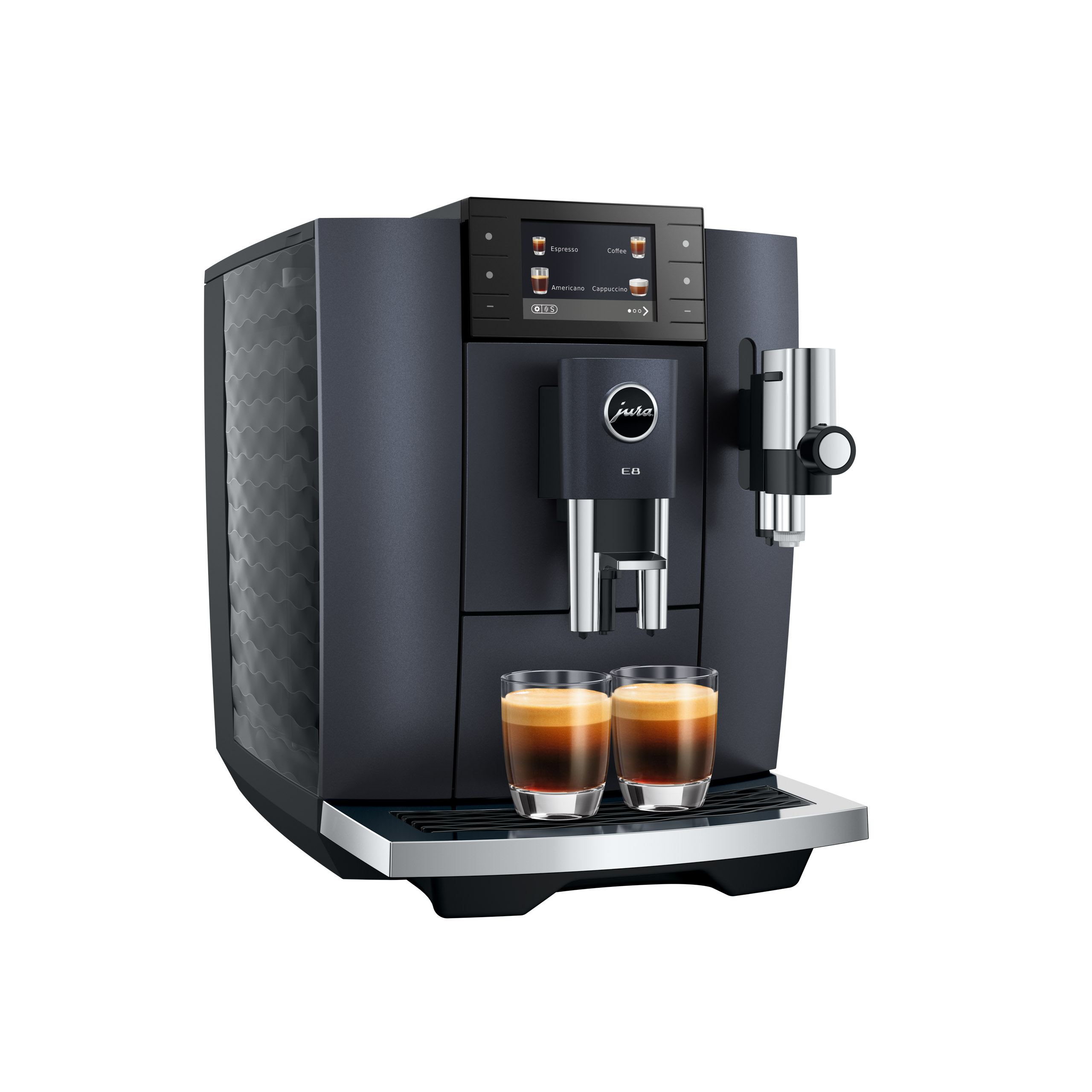 Moderna macchina da caffè Jura E8 con due bicchierini da espresso, sfondo bianco.