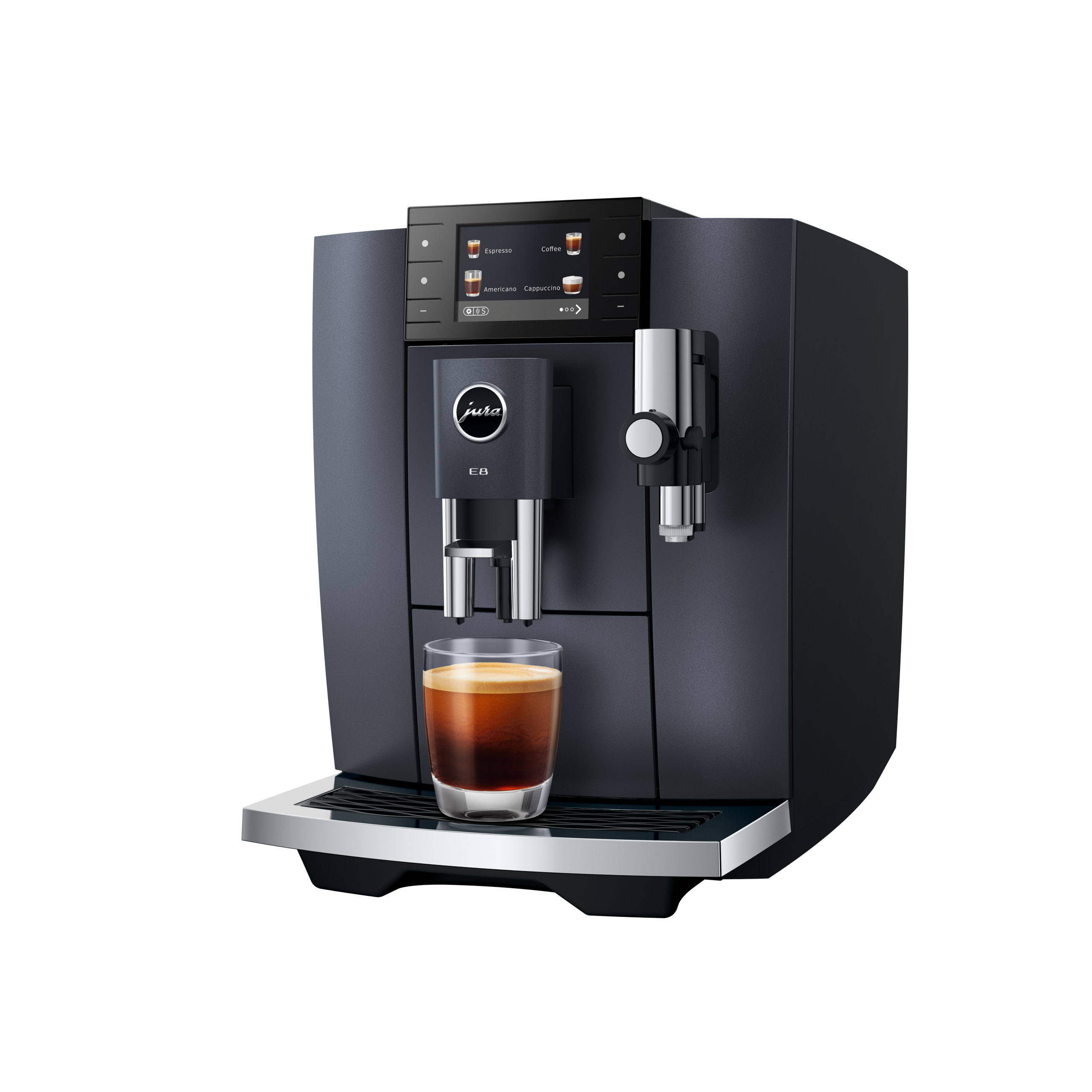 Una macchina da caffè Jura scura con un bicchiere di espresso davanti.