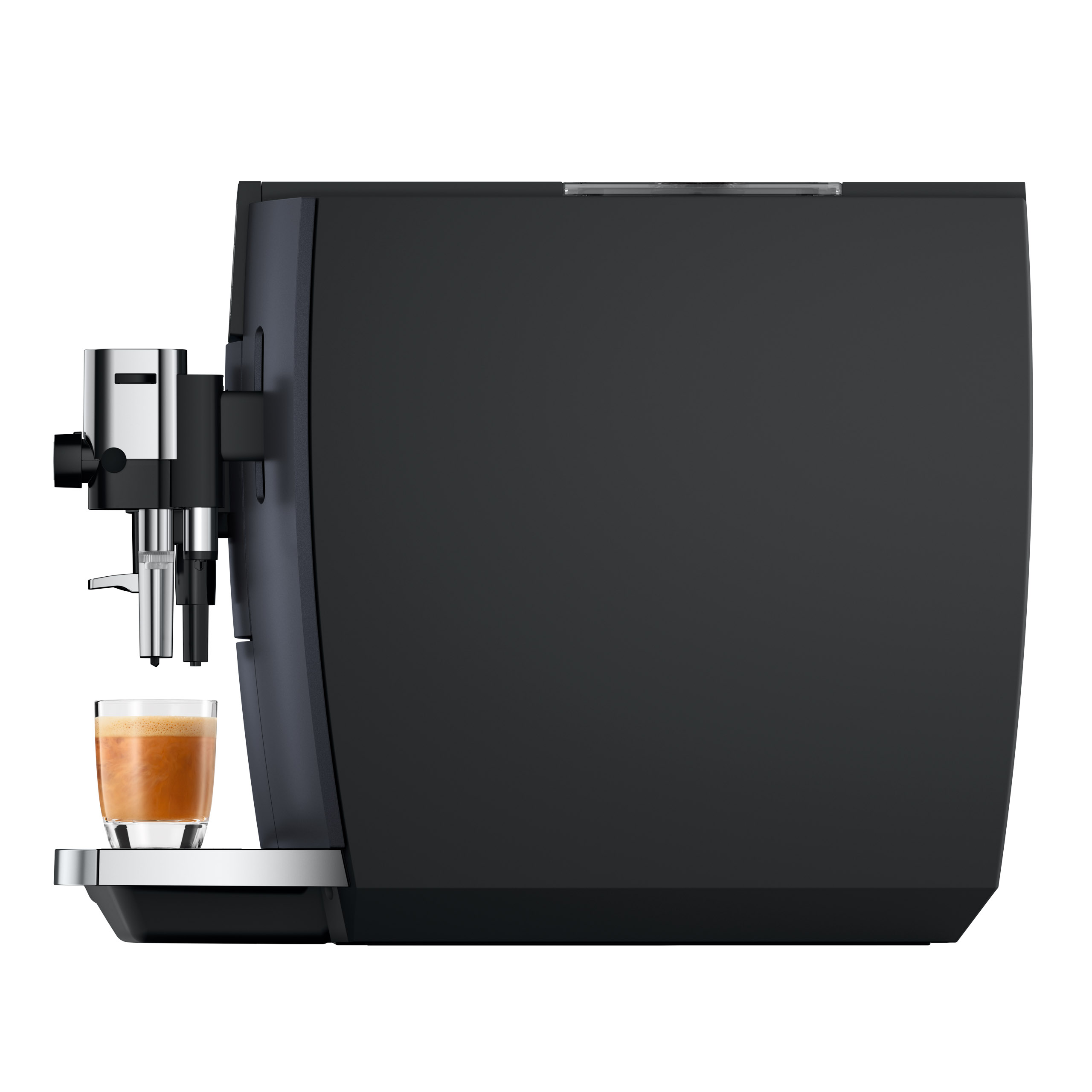 Una macchina da caffè nera prepara un espresso in un bicchiere.