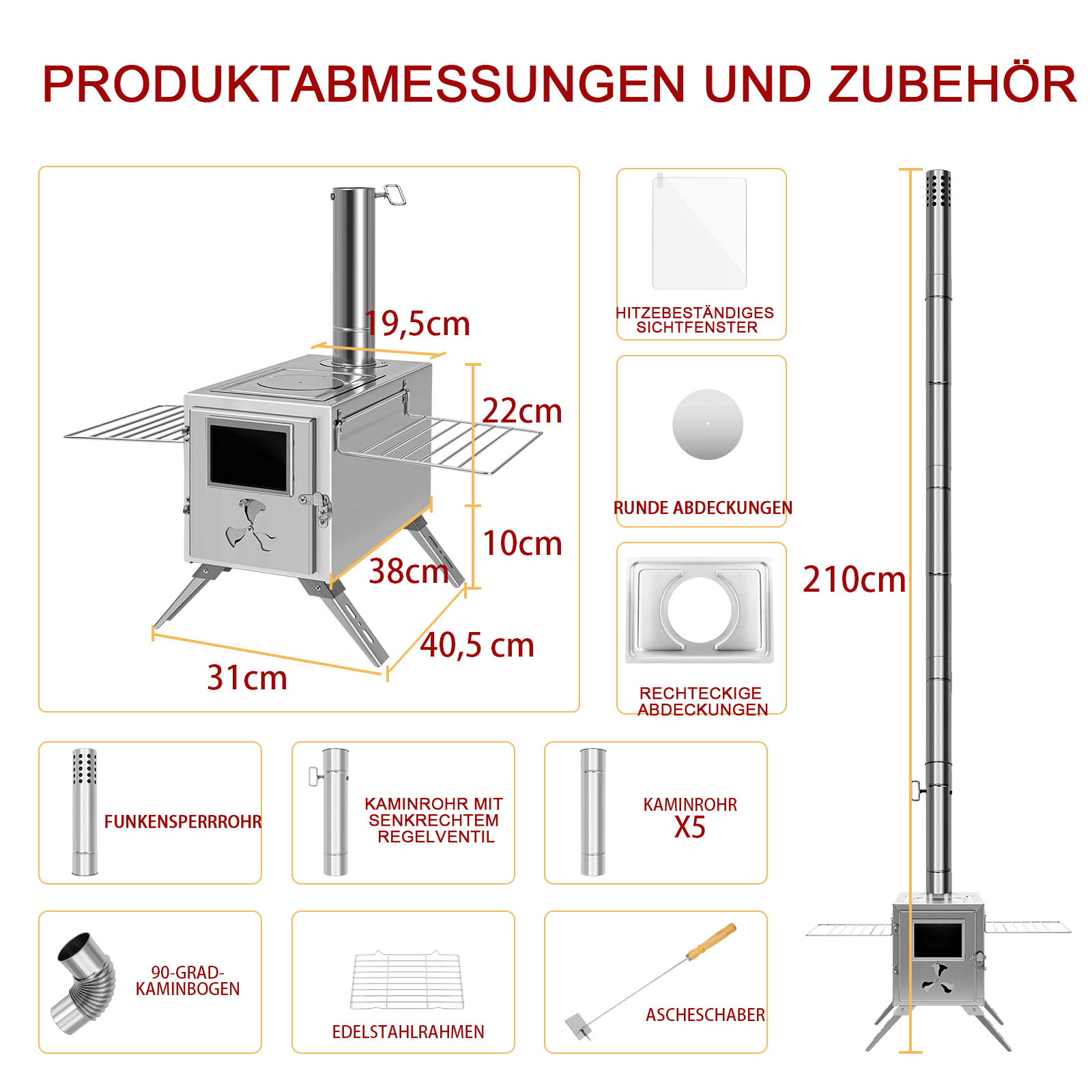 Diagramm eines Ofens mit Maßen und Zubehör, darunter ein Rauchfang und Werkzeuge.