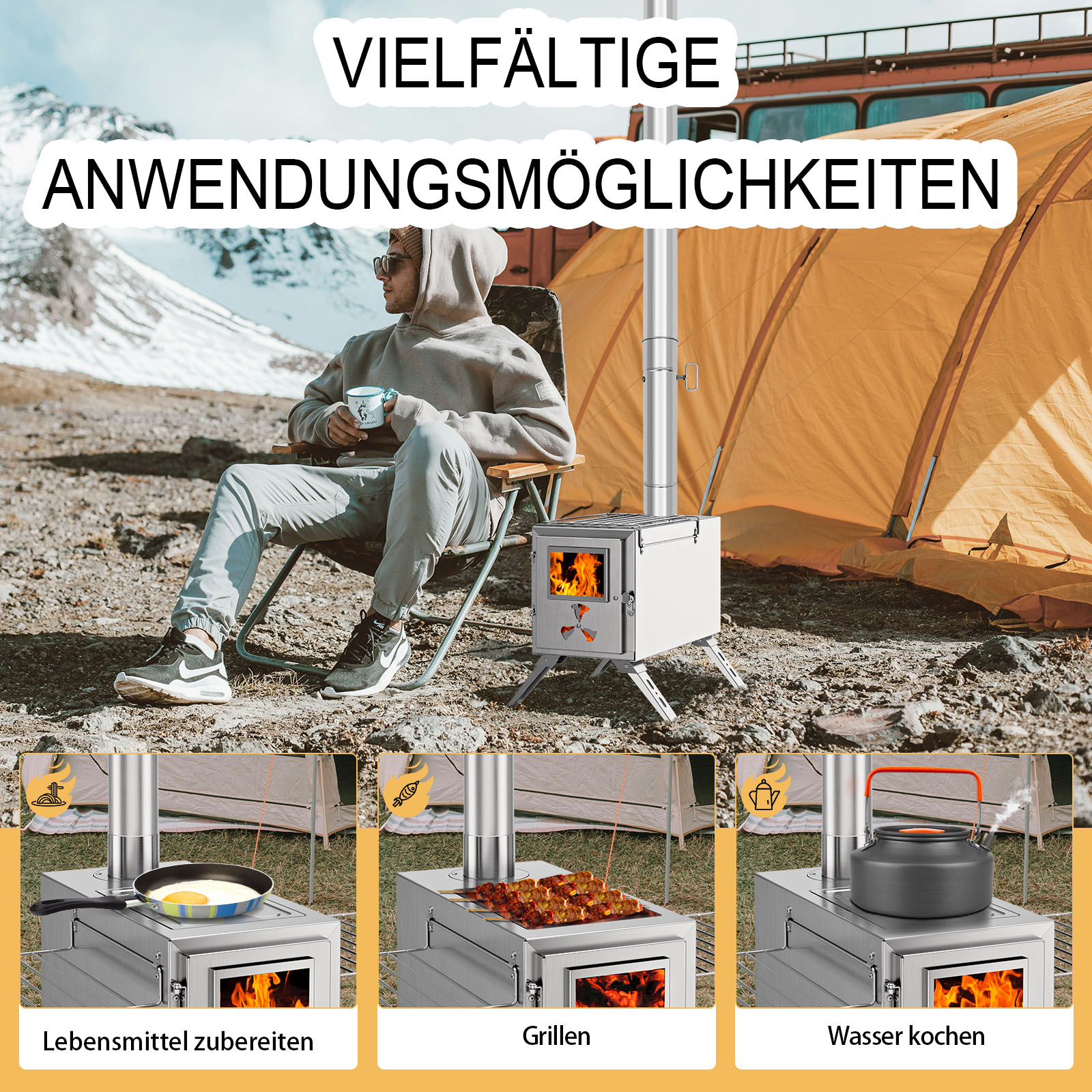Mann sitzt vor Zelt neben Campingofen, der Essen zubereitet, grillt und Wasser kocht.